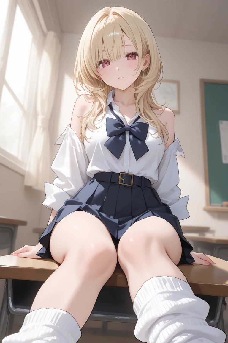 illyasvielvoneinzbern, illyasviel von einzbern, blonde hair, hair between eyes, long hair, (red eyes:1.5),
BREAK beret, black skirt, brown footwear, collared shirt, hat, homurahara academy school uniform, kneehighs, loafers, pleated skirt, puffy short sleeves, puffy sleeves, red ribbon, ribbon, school uniform, shirt, shoes, short sleeves, skirt, socks, white headwear, (white shirt:1.5), white socks,
BREAK indoors, classroom,
BREAK looking at viewer, (cowboy shot:1.5),
BREAK (masterpiece:1.2), best quality, high resolution, unity 8k wallpaper, (illustration:0.8), (beautiful detailed eyes:1.6), extremely detailed face, perfect lighting, extremely detailed CG, (perfect hands, perfect anatomy),(stripe panties:1.5), sitting on desk, spread legs, open legs, knee up, leaning back, small breasts, (short, tiny, little:1.5), blush, embarrassed,from below, cowboy shot, dutch angle