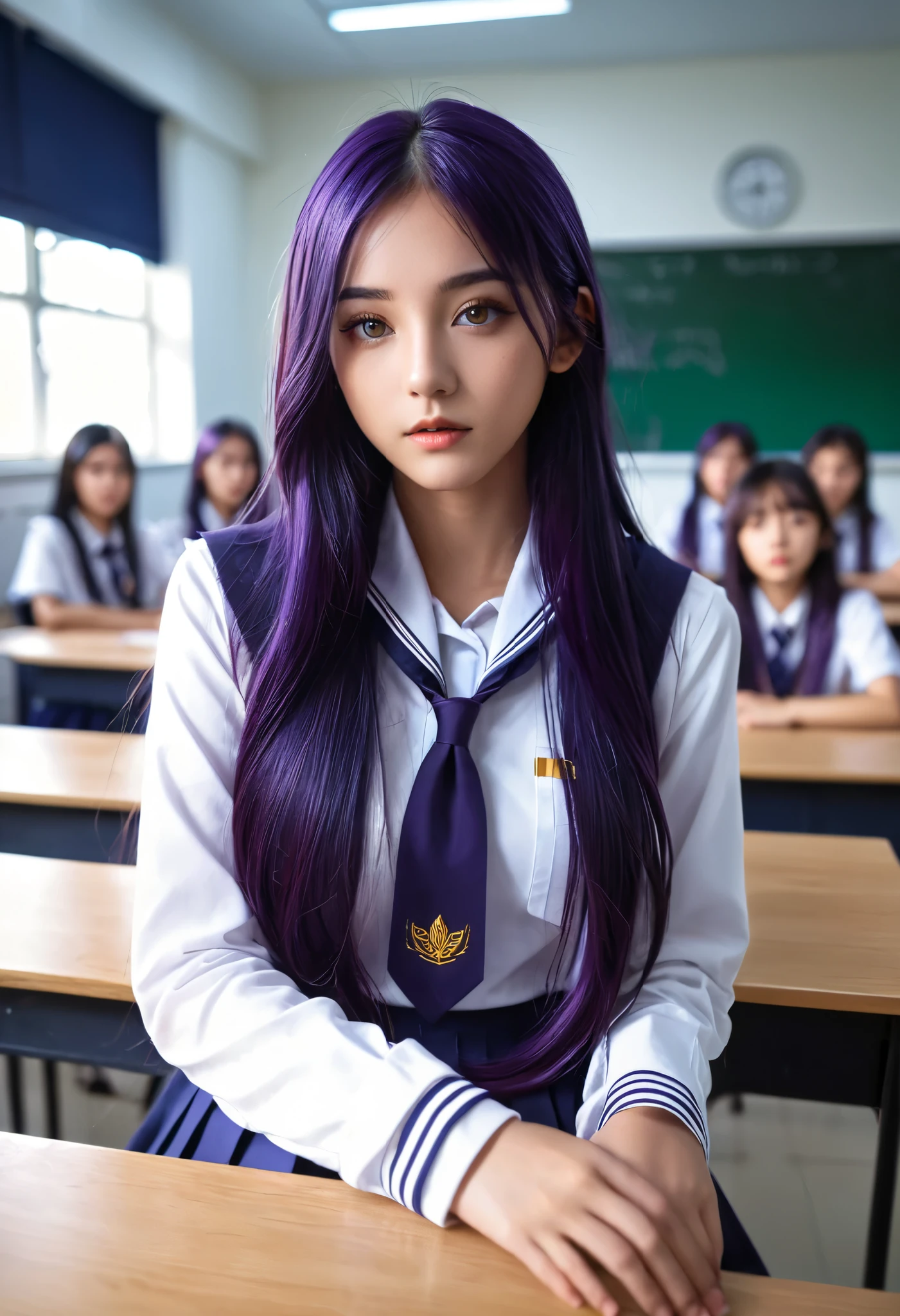 1 girl, long midnight purple hair, Golden light eyes, sit in classroom, White school uniform_modern style, Cinematic Lighting , 8K RAW photo,
