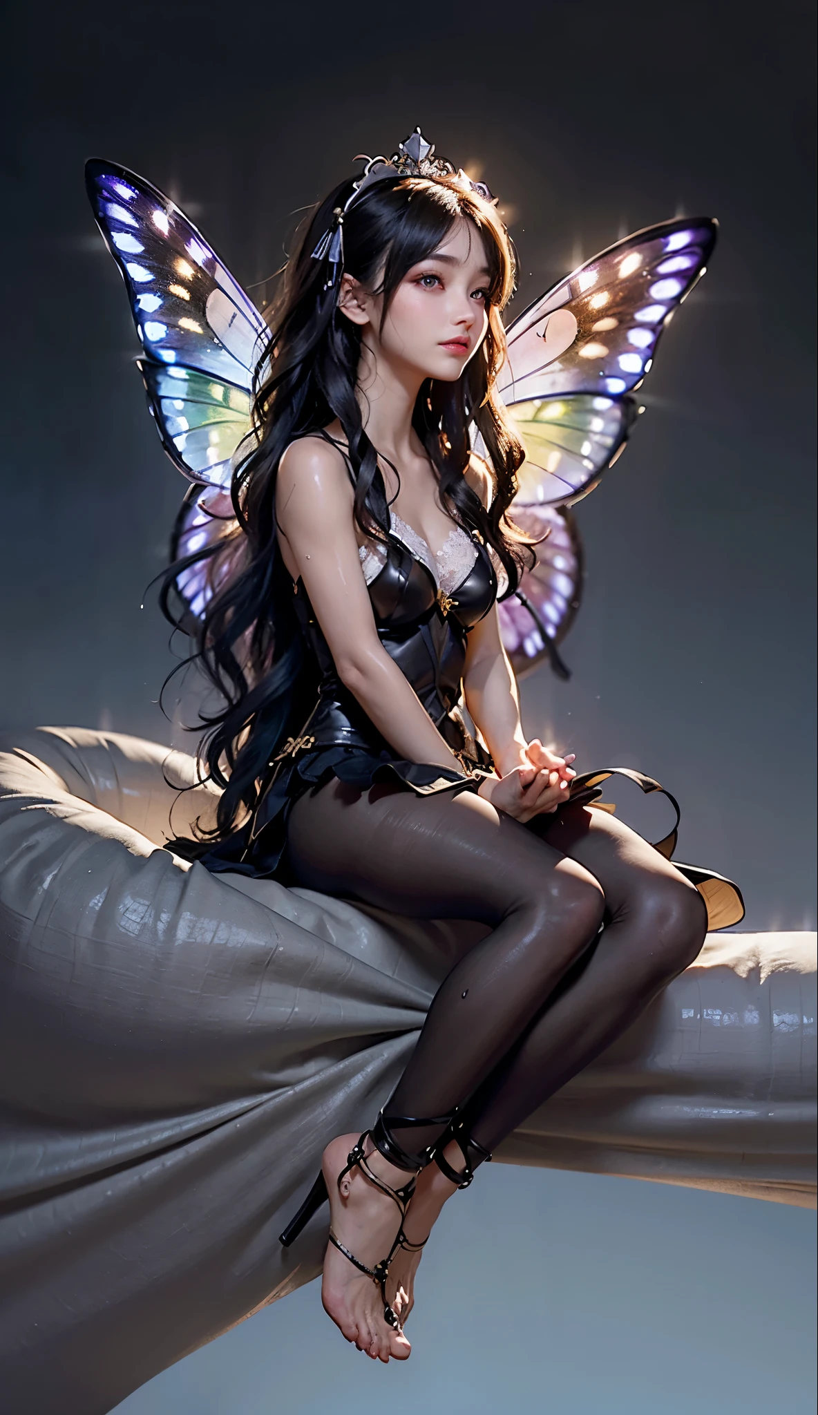 masterpiece. detailed oil painting of teen Emma Watson as a fairy, athletic. hair in braids, shorts for the summer. she is wearing a Detailed symbiote Venom costume, boots. night. in forest glade, light beams through tree leaves. long hair. sitting on stone bench incrusted jewels. background pet dragon.