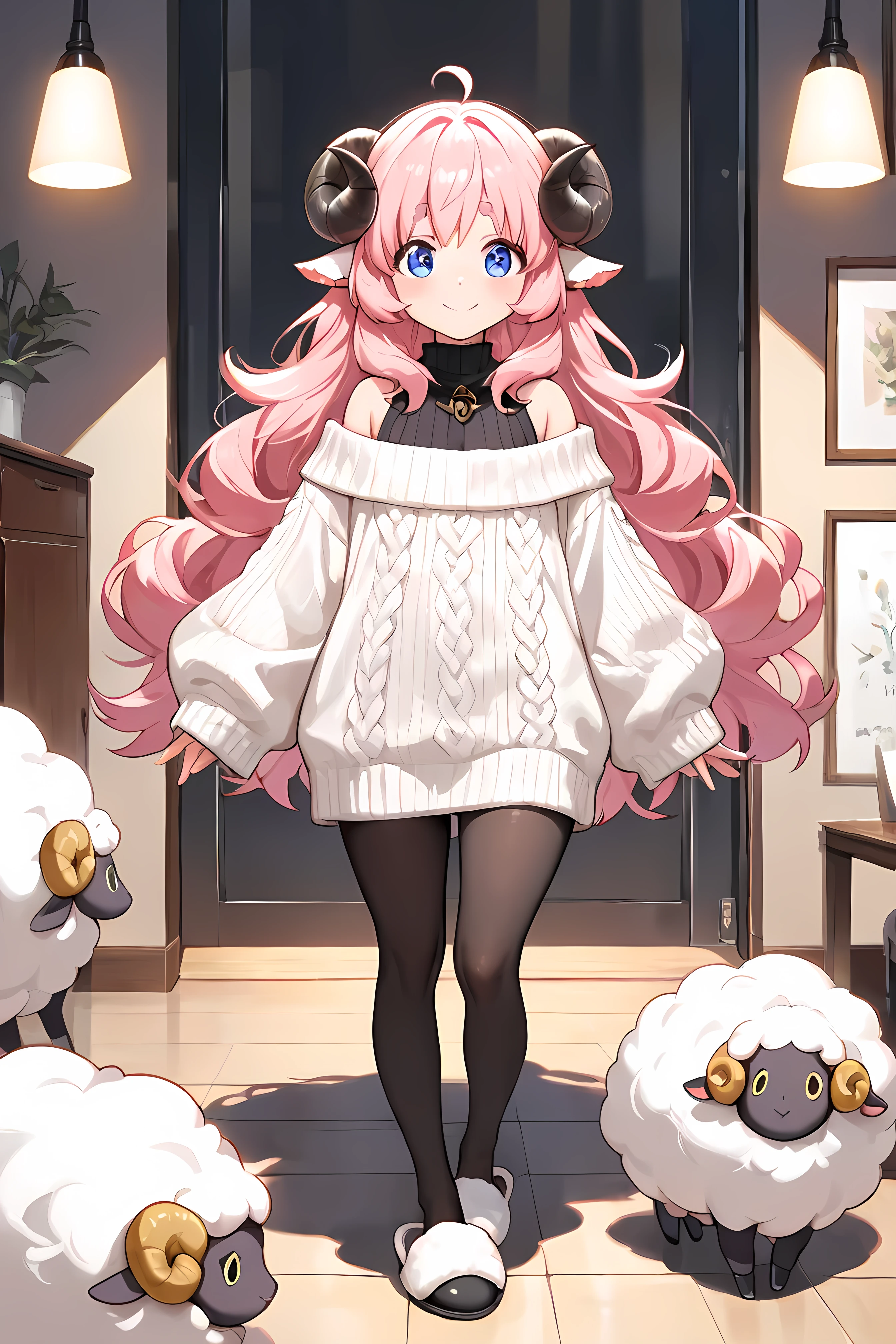 (masterpiece, best quality, extremely detailed, absurdres, very aesthetic), full body:1.5, from front:1.5, (highly detailed background, lighting), (sheep girl\super detailed skin, detailed beautiful face and eyes, Big and soft anime eyes, Thick eyebrows:1.1,Fluffy long hair like a sheep's wool, pink hair, Each and every strand of hair is depicted in detail, Sheep's round horns, smile), (Knee-length one-piece sweater, Shoulders are exposed, Black tights, slippers) BREAK Natural elements, fantastical features, light and shadow effects, color and atmosphere