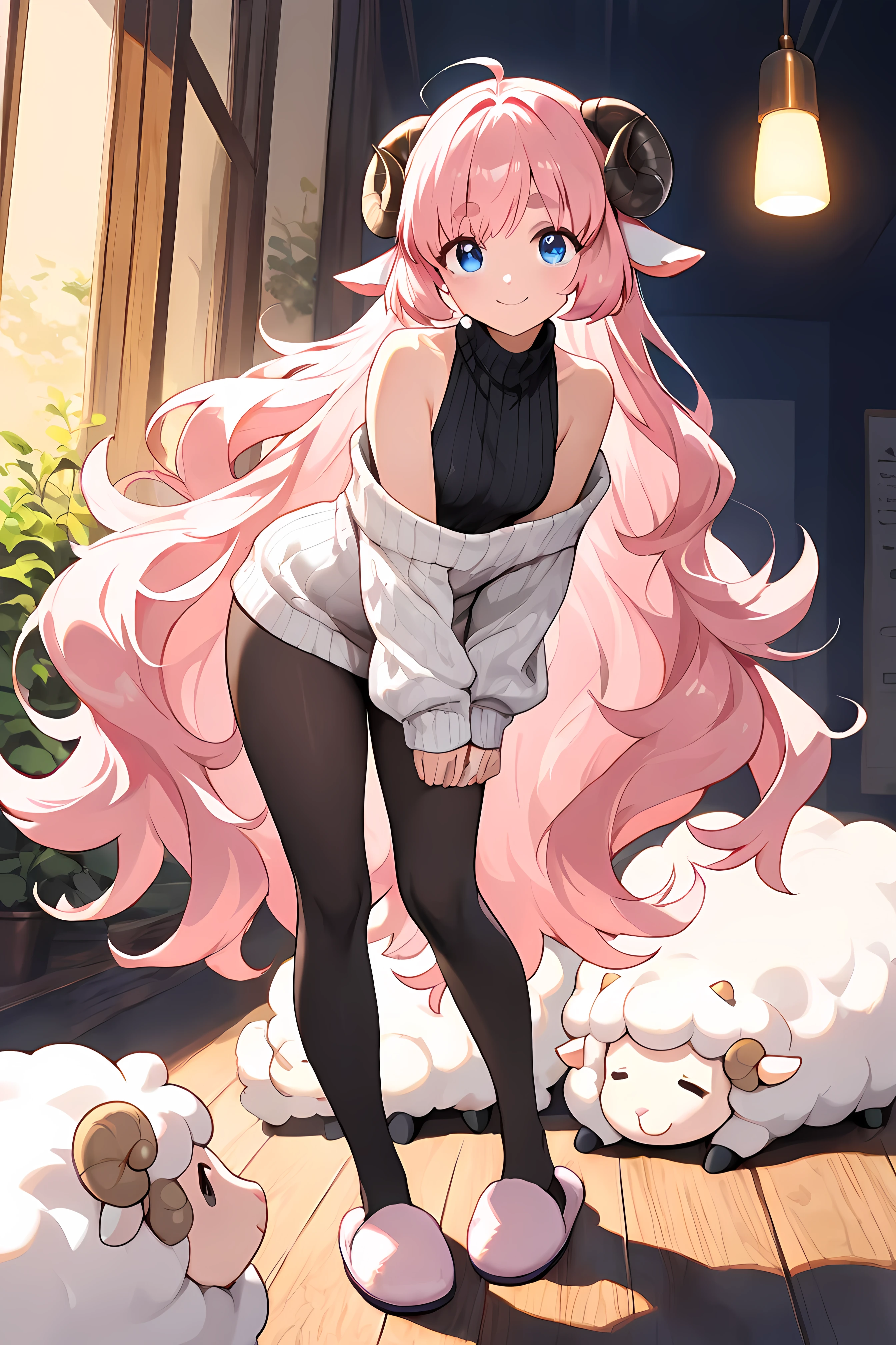 (masterpiece, best quality, extremely detailed, absurdres, very aesthetic), full body:1.5, from front:1.5, (highly detailed background, lighting), (sheep girl\super detailed skin, detailed beautiful face and eyes, Big and soft anime eyes, Thick eyebrows:1.1,Fluffy long hair like a sheep's wool, pink hair, Each and every strand of hair is depicted in detail, Sheep's round horns, smile), (Knee-length one-piece sweater, Shoulders are exposed, Black tights, slippers) BREAK Natural elements, fantastical features, light and shadow effects, color and atmosphere