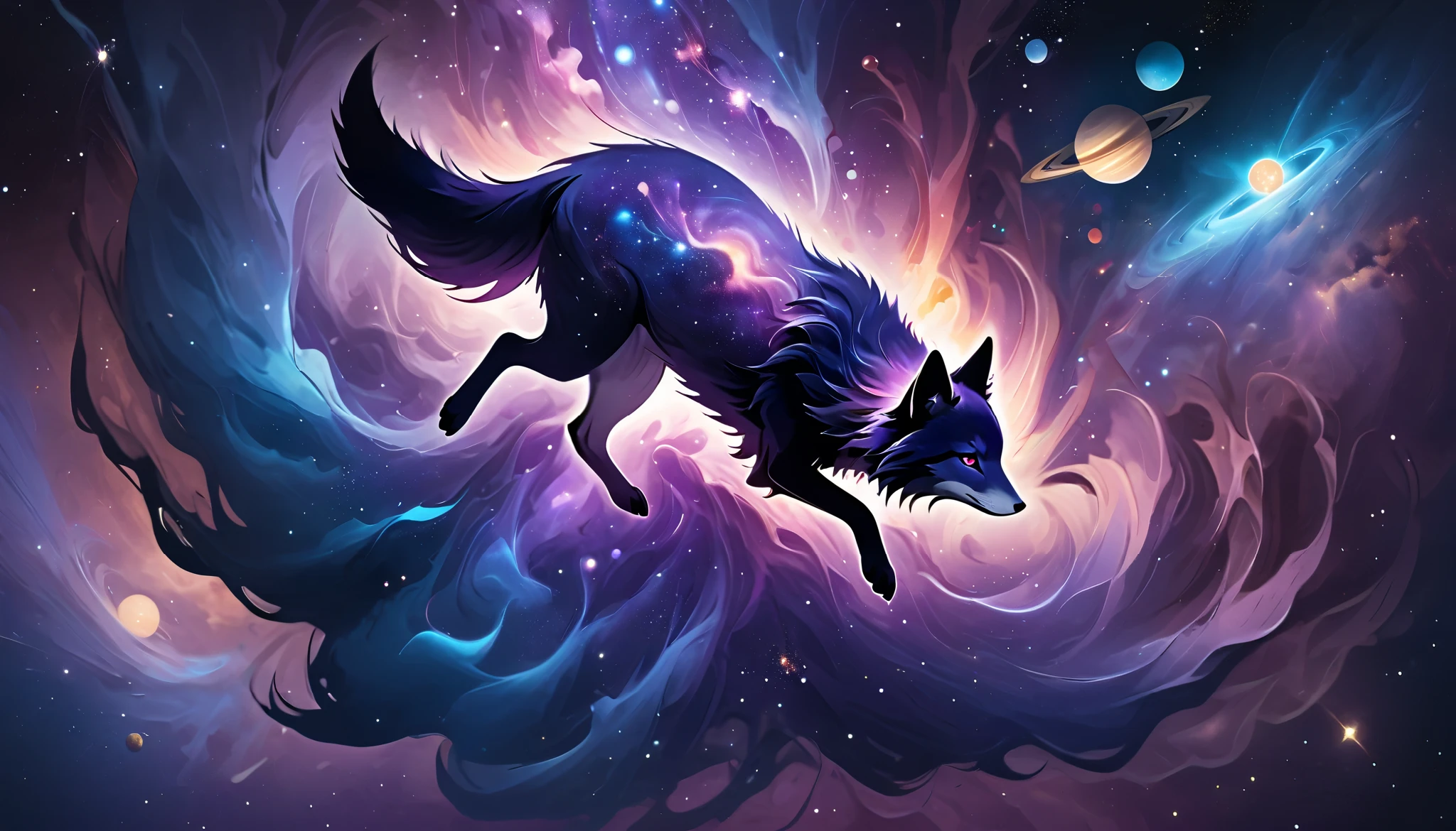a purple fox with blue pink purple galaxy fur smoky realistic galaxy with planets and pillars of creations the fox floating around in space, the fox up close flying around