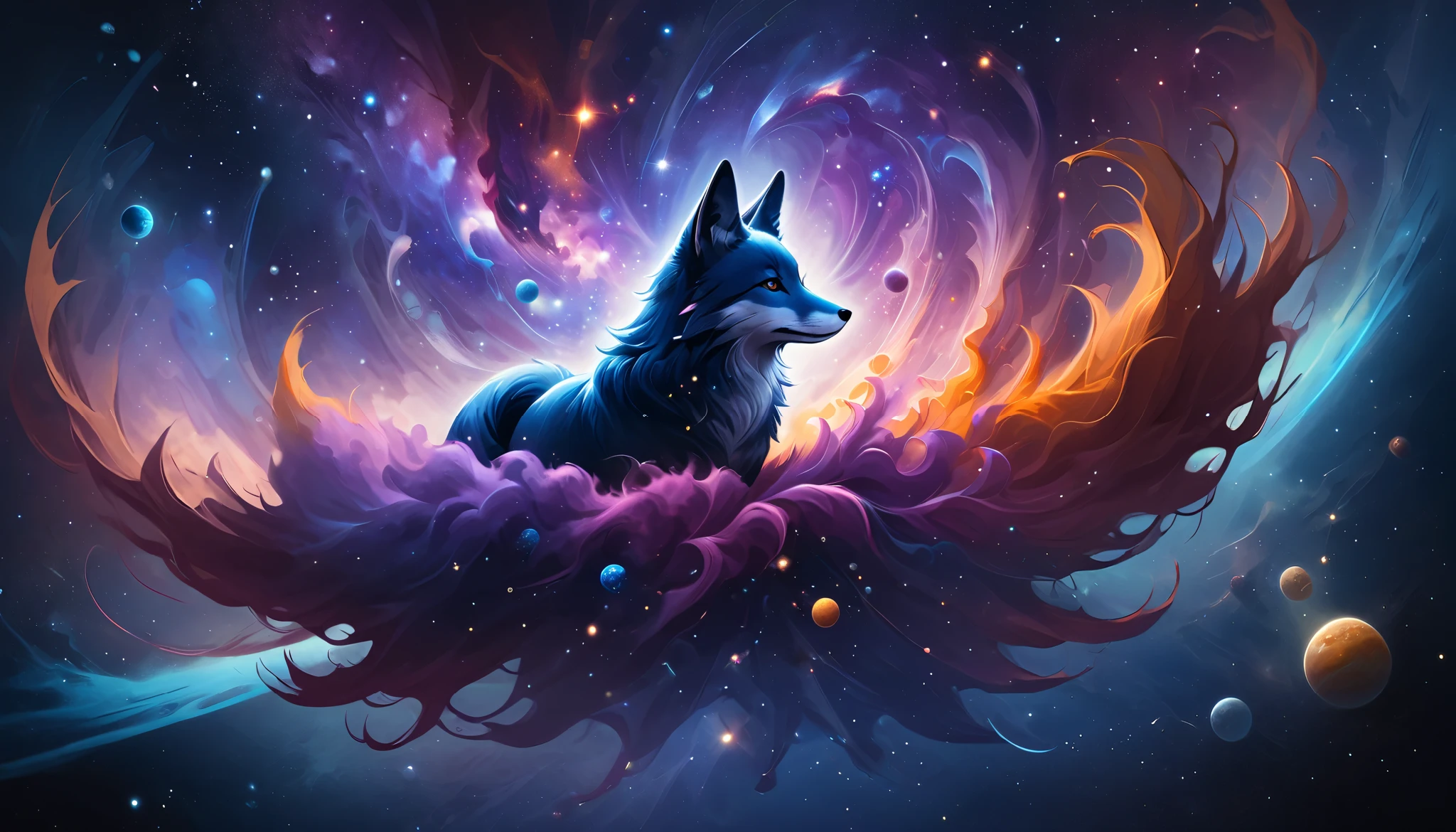 a fox with blue pink purple galaxy fur smoky realistic galaxy with planets and pillars of creations the fox floating around in space, the fox up close flying around