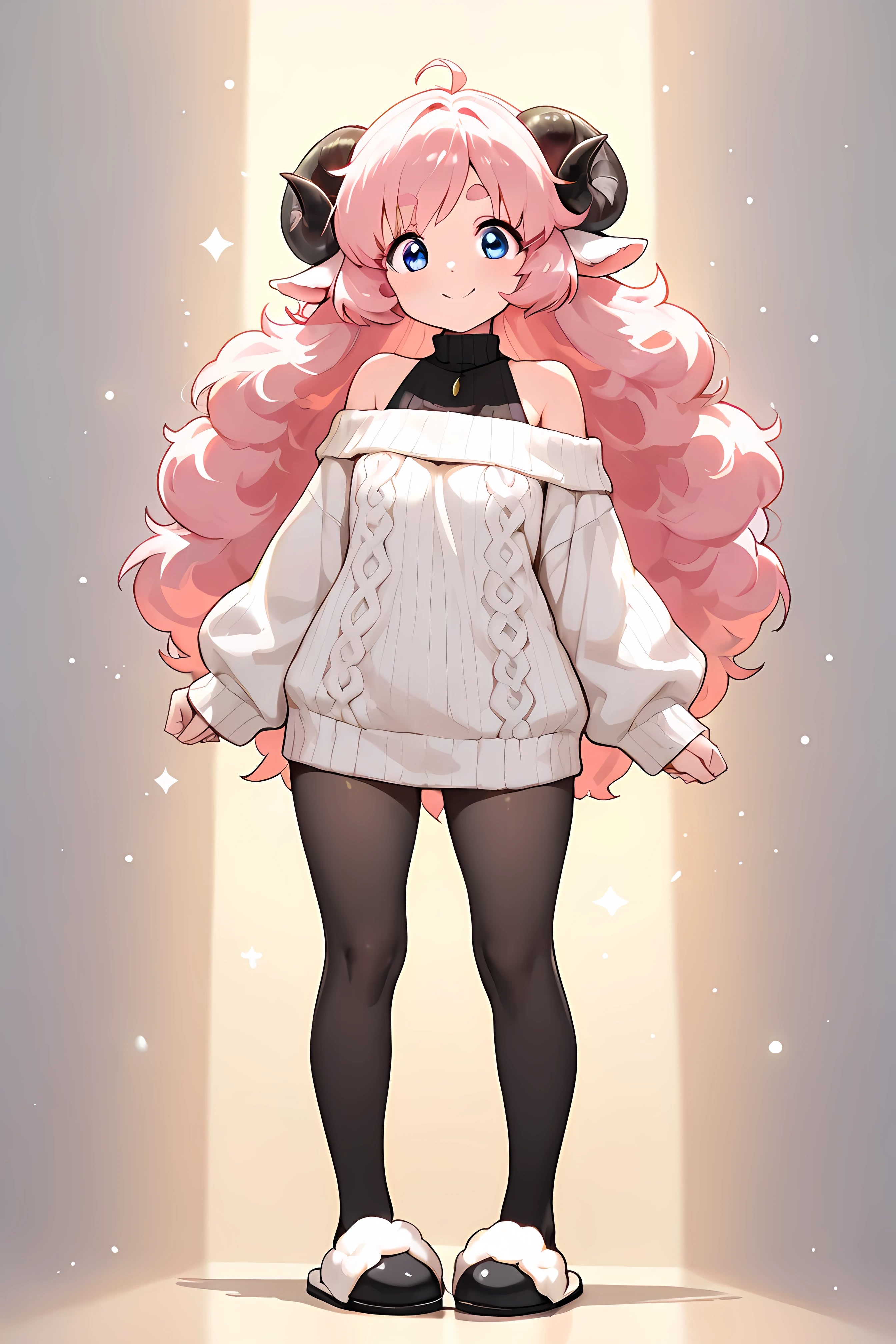 (masterpiece, best quality, extremely detailed, absurdres, very aesthetic), full body:1.5, from front:1.5, (highly detailed background, lighting), (sheep girl\super detailed skin, detailed beautiful face and eyes, Big and soft anime eyes, Thick eyebrows:1.1,Fluffy long hair like a sheep's wool, pink hair, Each and every strand of hair is depicted in detail, Sheep's round horns, smile), (Knee-length one-piece sweater, Shoulders are exposed, Black tights, slippers) BREAK Natural elements, fantastical features, light and shadow effects, color and atmosphere