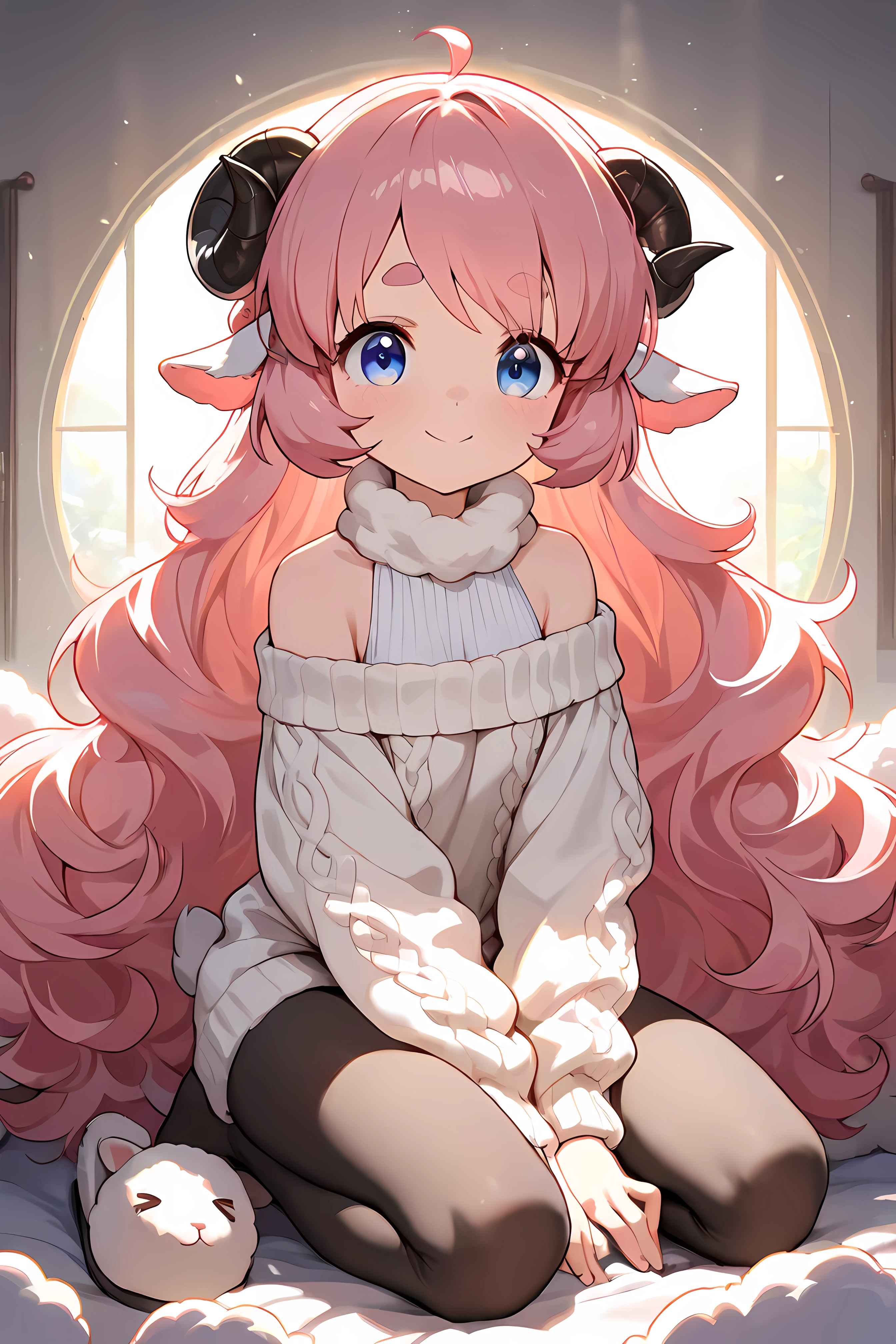 (masterpiece, best quality, extremely detailed, absurdres, very aesthetic), full body:1.5, from front:1.5, (highly detailed background, lighting), (sheep girl\super detailed skin, detailed beautiful face and eyes, Big and soft anime eyes, Thick eyebrows:1.1,Fluffy long hair like a sheep's wool, pink hair, Each and every strand of hair is depicted in detail, Sheep's round horns, smile), (Knee-length one-piece sweater, Shoulders are exposed, Black tights, slippers) BREAK Natural elements, fantastical features, light and shadow effects, color and atmosphere