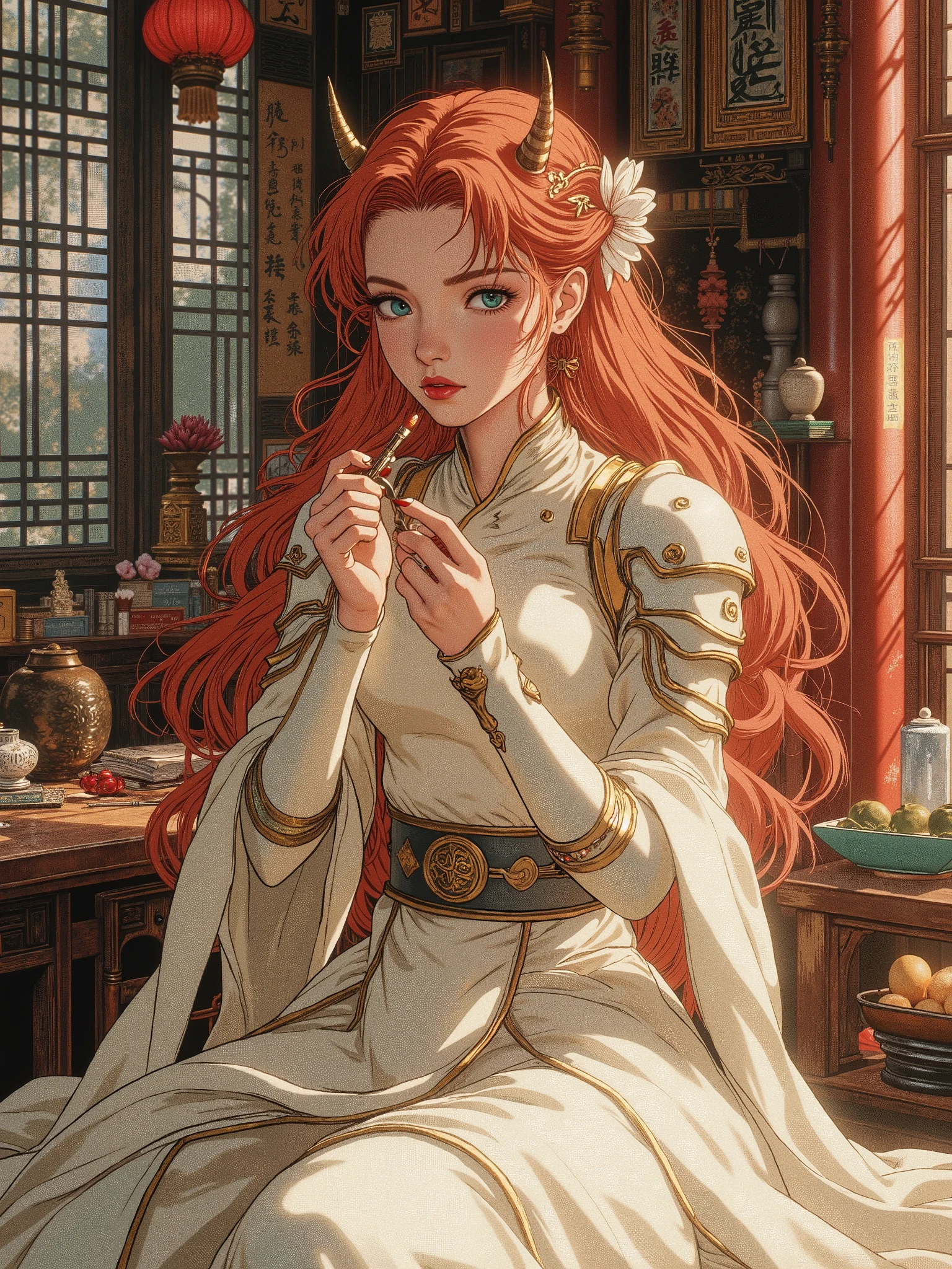 A girl , Human, with long red hair and turquoise eyes with small horns on the head, and a minimalist hairpin in the shape of a golden lotus flower in your hair, in a soft white dress with elements of armor, in a traditional Chinese room, she sits and paints her lips with lipstick