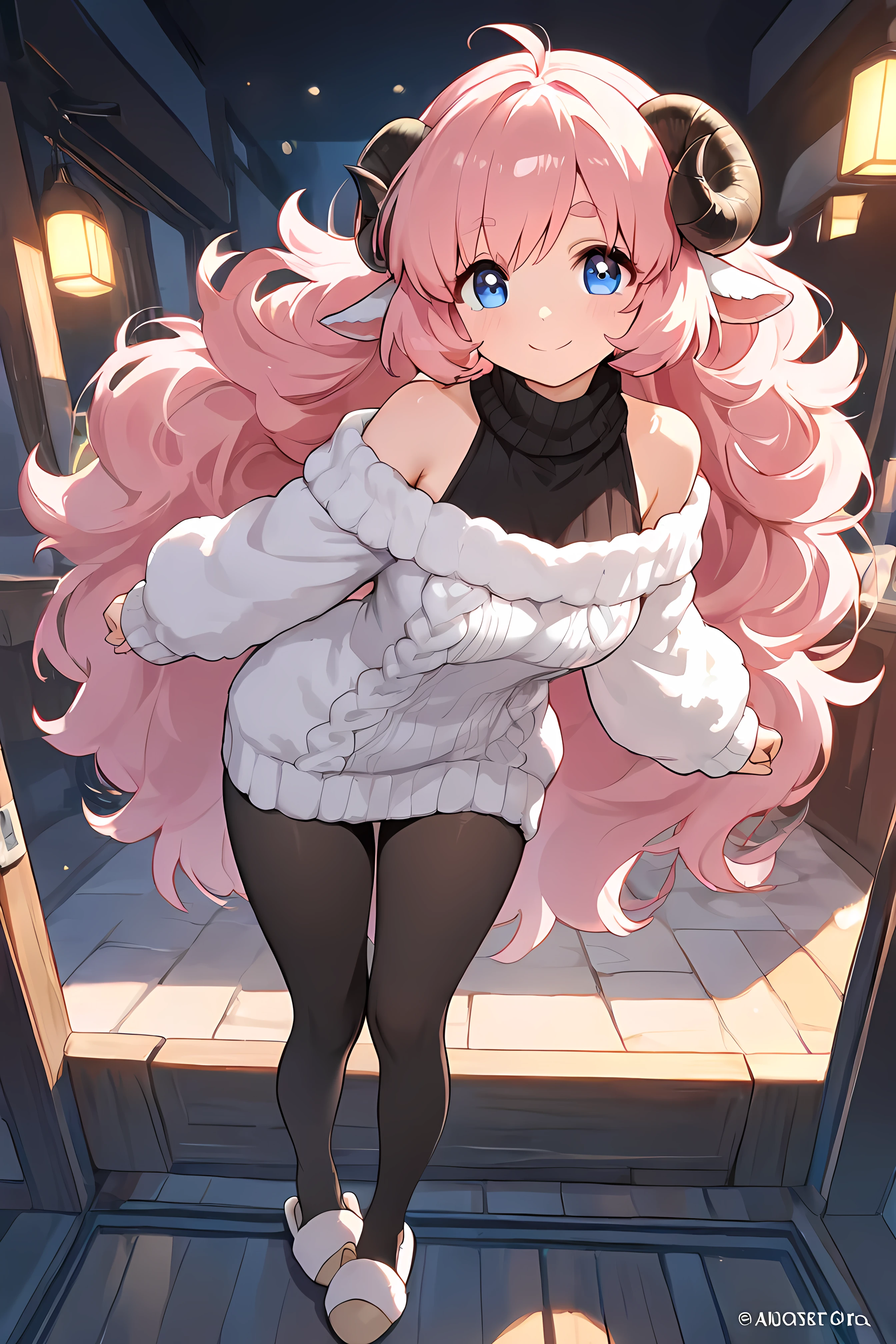 (masterpiece, best quality, extremely detailed, absurdres, very aesthetic), full body:1.5, from front:1.5, (highly detailed background, lighting), (sheep girl\super detailed skin, detailed beautiful face and eyes, Big and soft anime eyes, Thick eyebrows:1.1,Fluffy long hair like a sheep's wool, pink hair, Each and every strand of hair is depicted in detail, Sheep's round horns, smile), (Knee-length one-piece sweater, Shoulders are exposed, Black tights, slippers) BREAK Natural elements, fantastical features, light and shadow effects, color and atmosphere