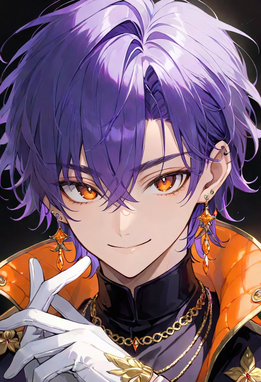 one boy, bangs, purple hair, orange eyes, EARRINGS, eyebrows visible through hair , gloves, jewelry, is staring at the viewer, Male attention, necklace, simple background, smile, Alone, upper body, white gloves, hair between eyes,
