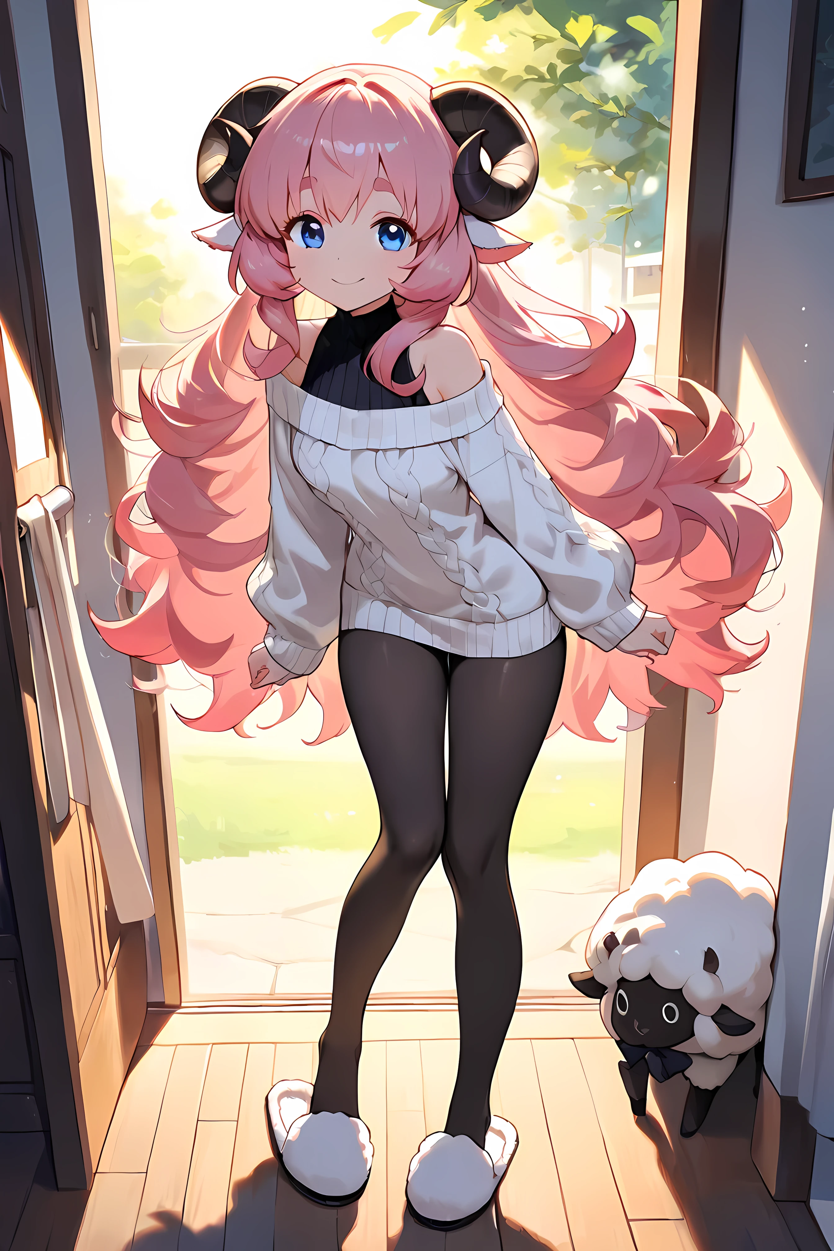 (masterpiece, best quality, extremely detailed, absurdres, very aesthetic), full body:1.5, from front:1.5, (highly detailed background, lighting), (sheep girl\super detailed skin, detailed beautiful face and eyes, Big and soft anime eyes, Thick eyebrows:1.1,Fluffy long hair like a sheep's wool, pink hair, Each and every strand of hair is depicted in detail, Sheep's round horns, smile), (Knee-length one-piece sweater, Shoulders are exposed, Black tights, slippers) BREAK Natural elements, fantastical features, light and shadow effects, color and atmosphere