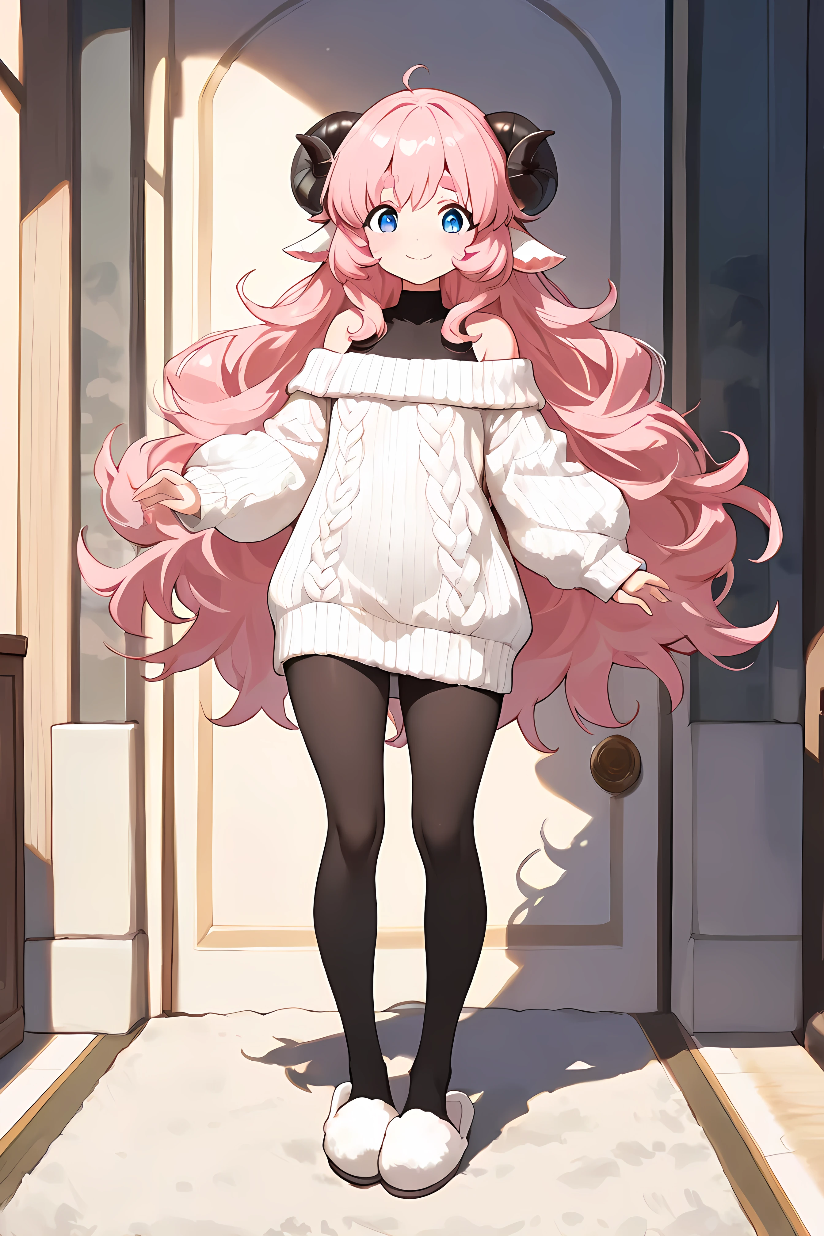 (masterpiece, best quality, extremely detailed, absurdres, very aesthetic), full body:1.5, from front:1.5, (highly detailed background, lighting), (sheep girl\super detailed skin, detailed beautiful face and eyes, Big and soft anime eyes, Thick eyebrows:1.1,Fluffy long hair like a sheep's wool, pink hair, Each and every strand of hair is depicted in detail, Sheep's round horns, smile), (Knee-length one-piece sweater, Shoulders are exposed, Black tights, slippers) BREAK Natural elements, fantastical features, light and shadow effects, color and atmosphere
