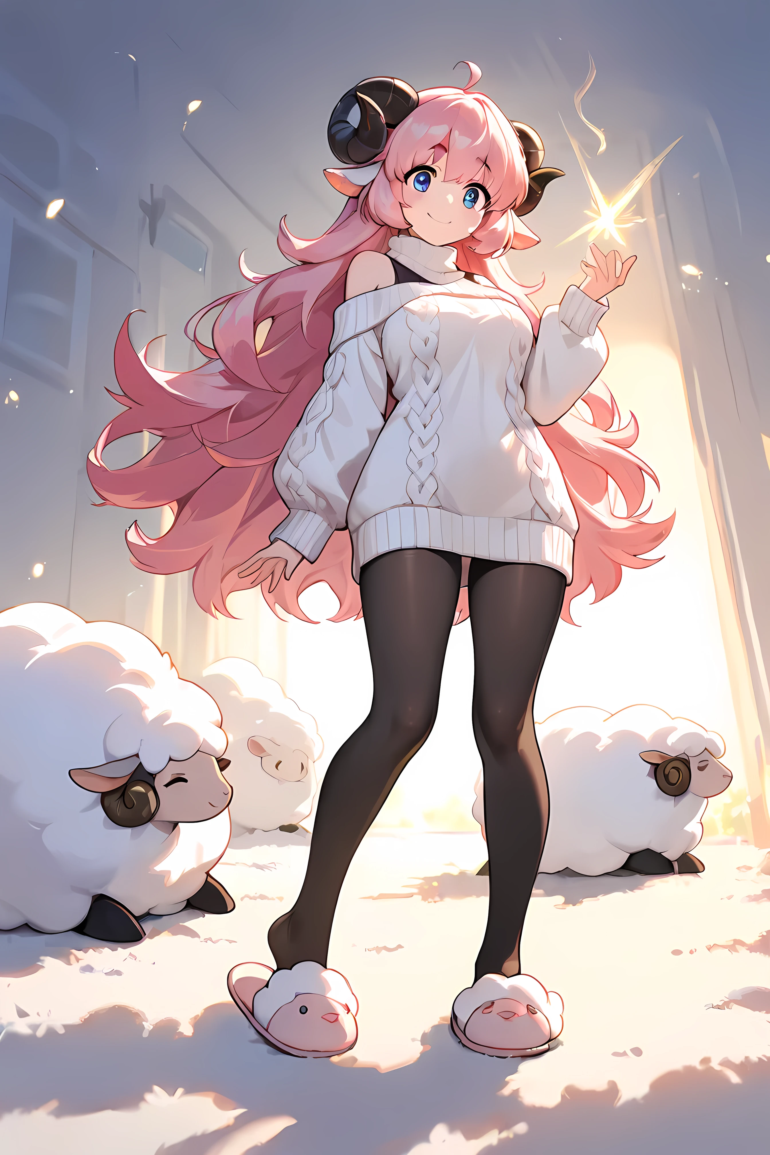 (masterpiece, best quality, extremely detailed, absurdres, very aesthetic), full body:1.5, from front:1.5, (highly detailed background, lighting), (sheep girl\super detailed skin, detailed beautiful face and eyes, Big and soft anime eyes, Thick eyebrows:1.1,Fluffy long hair like a sheep's wool, pink hair, Each and every strand of hair is depicted in detail, Sheep's round horns, smile), (Knee-length one-piece sweater, Shoulders are exposed, Black tights, slippers) BREAK Natural elements, fantastical features, light and shadow effects, color and atmosphere