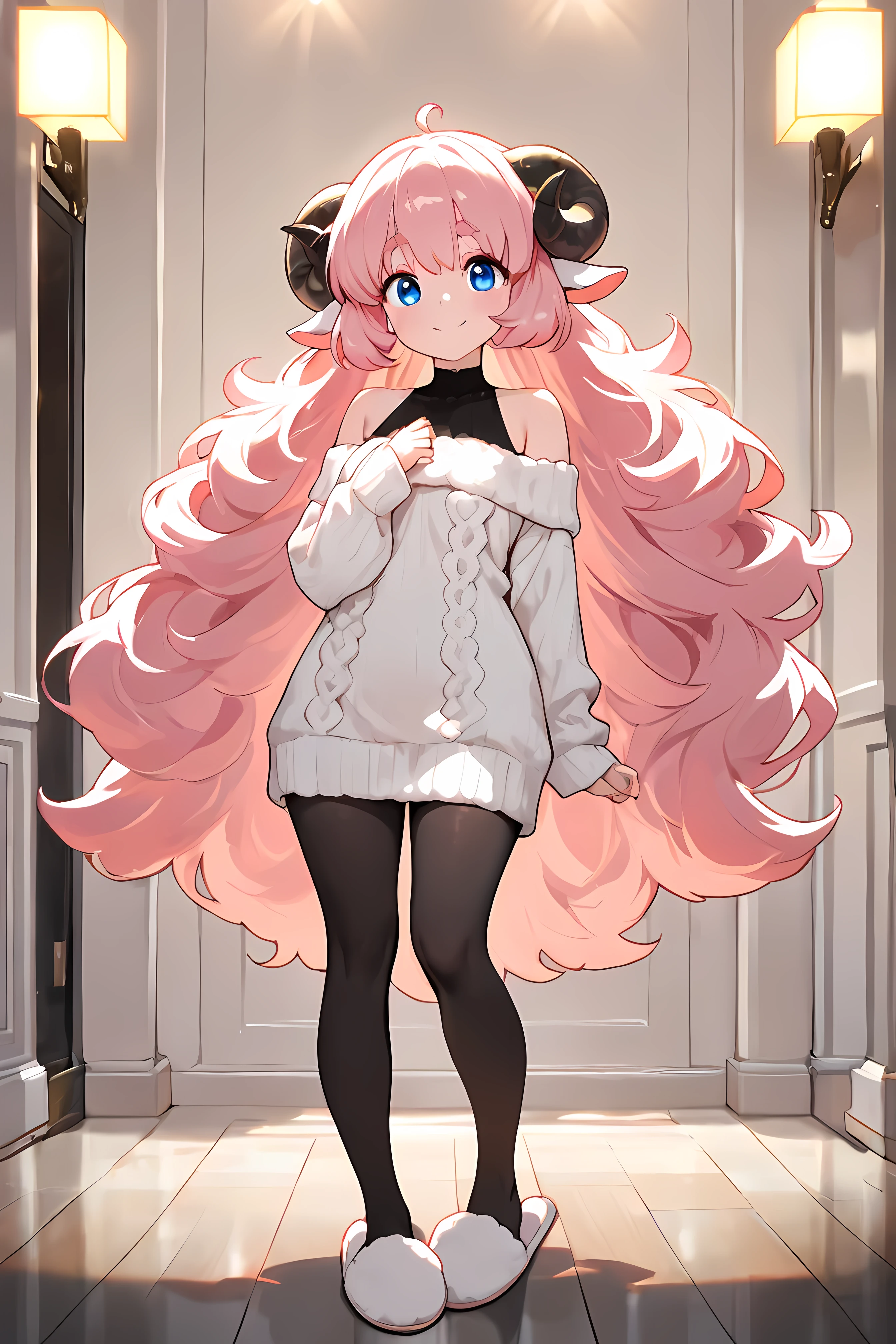 (masterpiece, best quality, extremely detailed, absurdres, very aesthetic), full body:1.5, from front:1.5, (highly detailed background, lighting), (sheep girl\super detailed skin, detailed beautiful face and eyes, Big and soft anime eyes, Thick eyebrows:1.1,Fluffy long hair like a sheep's wool, pink hair, Each and every strand of hair is depicted in detail, Sheep's round horns, smile), (Knee-length one-piece sweater, Shoulders are exposed, Black tights, slippers) BREAK Natural elements, fantastical features, light and shadow effects, color and atmosphere