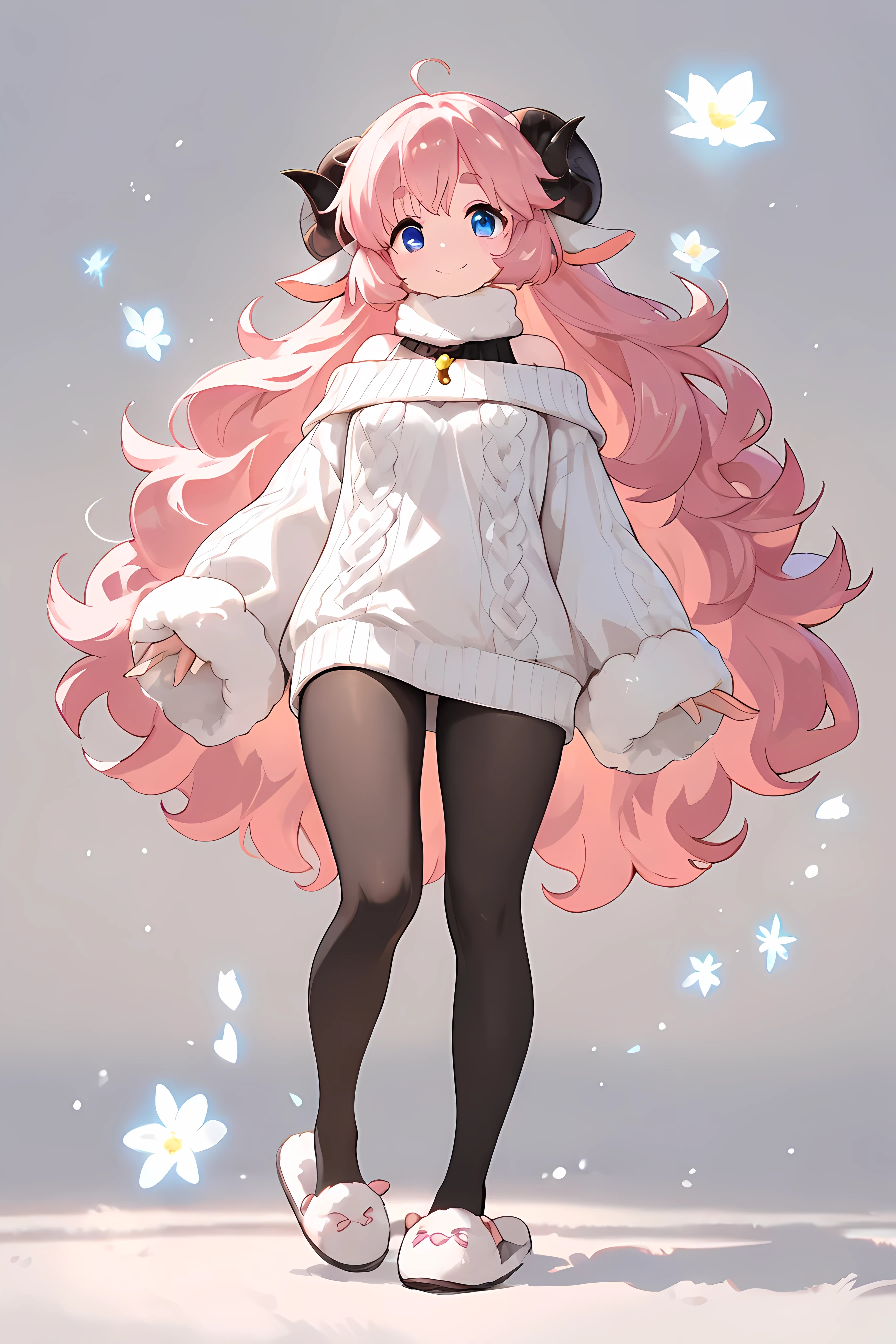 (masterpiece, best quality, extremely detailed, absurdres, very aesthetic), full body:1.5, from front:1.5, (highly detailed background, lighting), (sheep girl\super detailed skin, detailed beautiful face and eyes, Big and soft anime eyes, Thick eyebrows:1.1,Fluffy long hair like a sheep's wool, pink hair, Each and every strand of hair is depicted in detail, Sheep's round horns, smile), (Knee-length one-piece sweater, Shoulders are exposed, Black tights, slippers) BREAK Natural elements, fantastical features, light and shadow effects, color and atmosphere