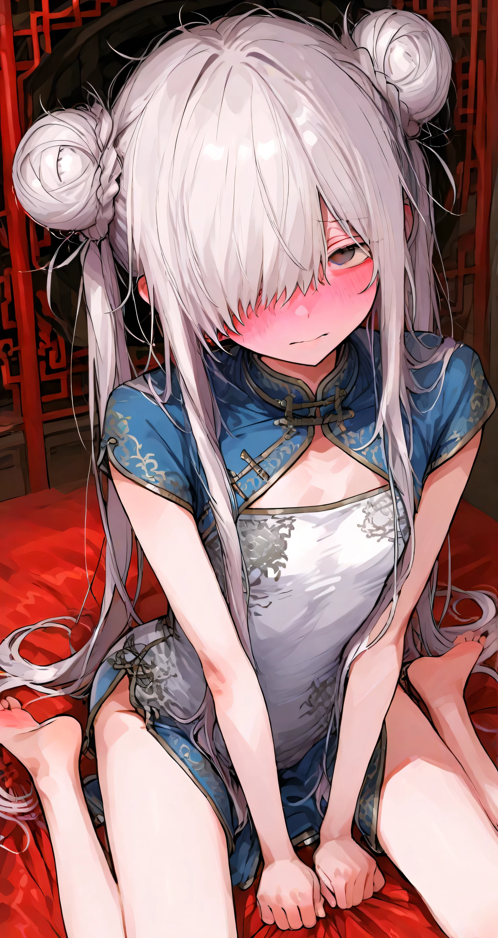bun hair for your toes, twintail, white China dress, (flat chest:1.3), Blushing、To blush、Thick eyes, white hair, long hair, hair over one eye, messy hair