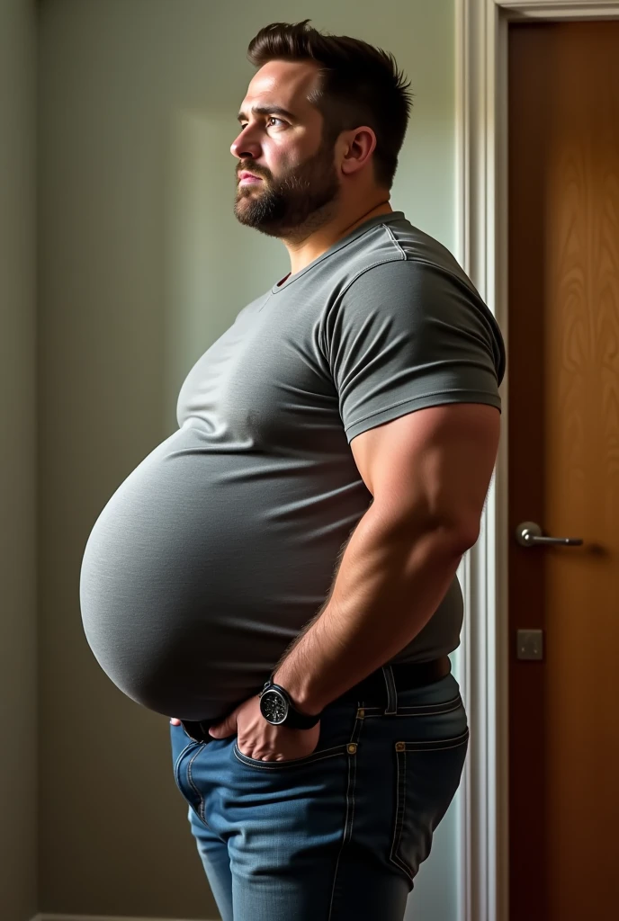 Russell Crowe 30 years old fat with protruding belly, shirtless side view, black boxer ceca, hand in underwear feeling the penis volume inside the underwear
