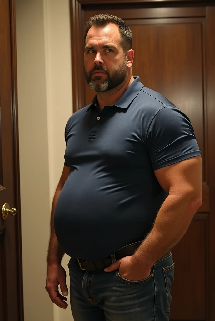 (best quality,4k,8k,highres,masterpiece:1.2), age 60, white man sheriff , horny disgusting, muscular chubby, kind, open shirt, mature daddy, Dress Pants with big bulge, hairy chest hard nipple, belt, loafer,