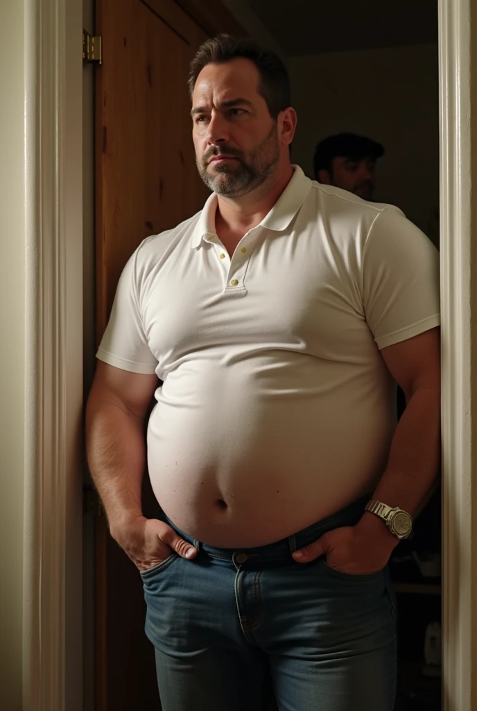 The best quality, Masterpiece, ultra-high-resolution, portrait, (photorealistic:1.4), RAW photo, Handsome manly overweight man, posing in the art gallery, smile, top knot, with smooth crew neck t-shirt red color basic, jeans jeans, Boots, barba, detailed facial textures