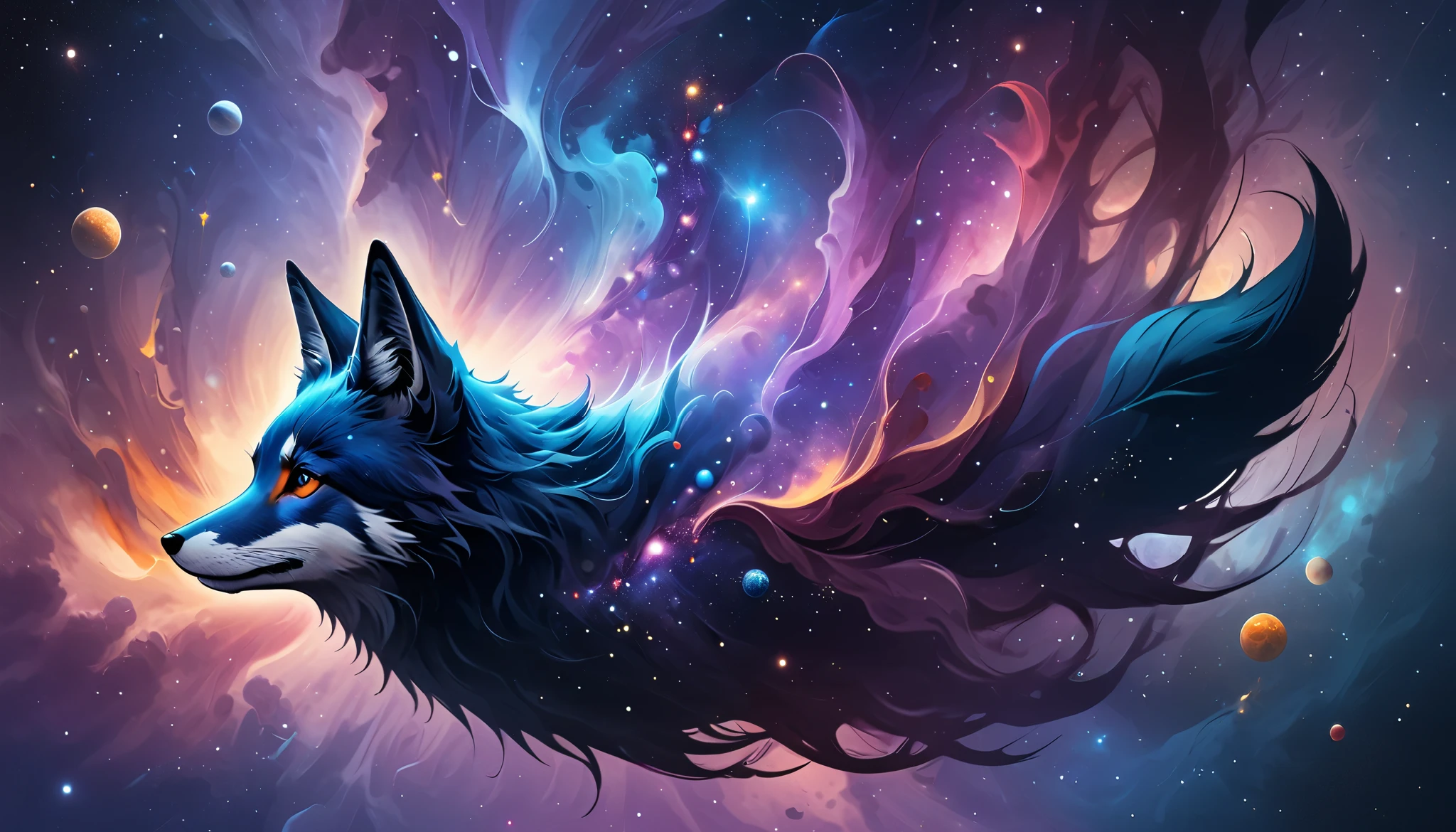 a fox with blue pink purple galaxy fur smoky realistic galaxy with planets and pillars of creations the fox floating around in space, the fox up close flying around