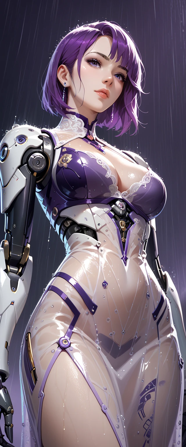Allalyn in shiny purple cat suit sitting on the floor, latex shiny, wearing atsuko kudo latex outfit, wearing tight suit, smooth purple skin, Purple body, shiny metallic glossy skin, shiny plastic, futuristic glossy latex suit, shiny plastic armor, shiny glossy skin, tight full body suit, Wearing latex, shiny and metallic, Glowing purple, Glossy　open one's legs　M-shaped legs　angry expressions　sullenness