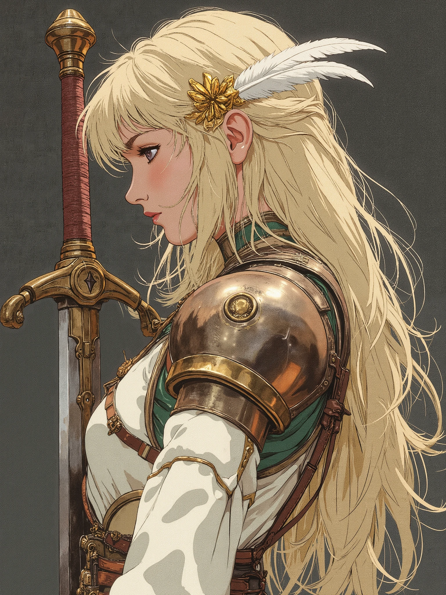 girl, about , with long blond hair and brown eyes, turned in profile , with two white feathers behind the ears, armor with a golden lotus clip on her head, in a delicate white dress with elements of armor, a sword is pressed to his chest, dark grey tones, plain background
