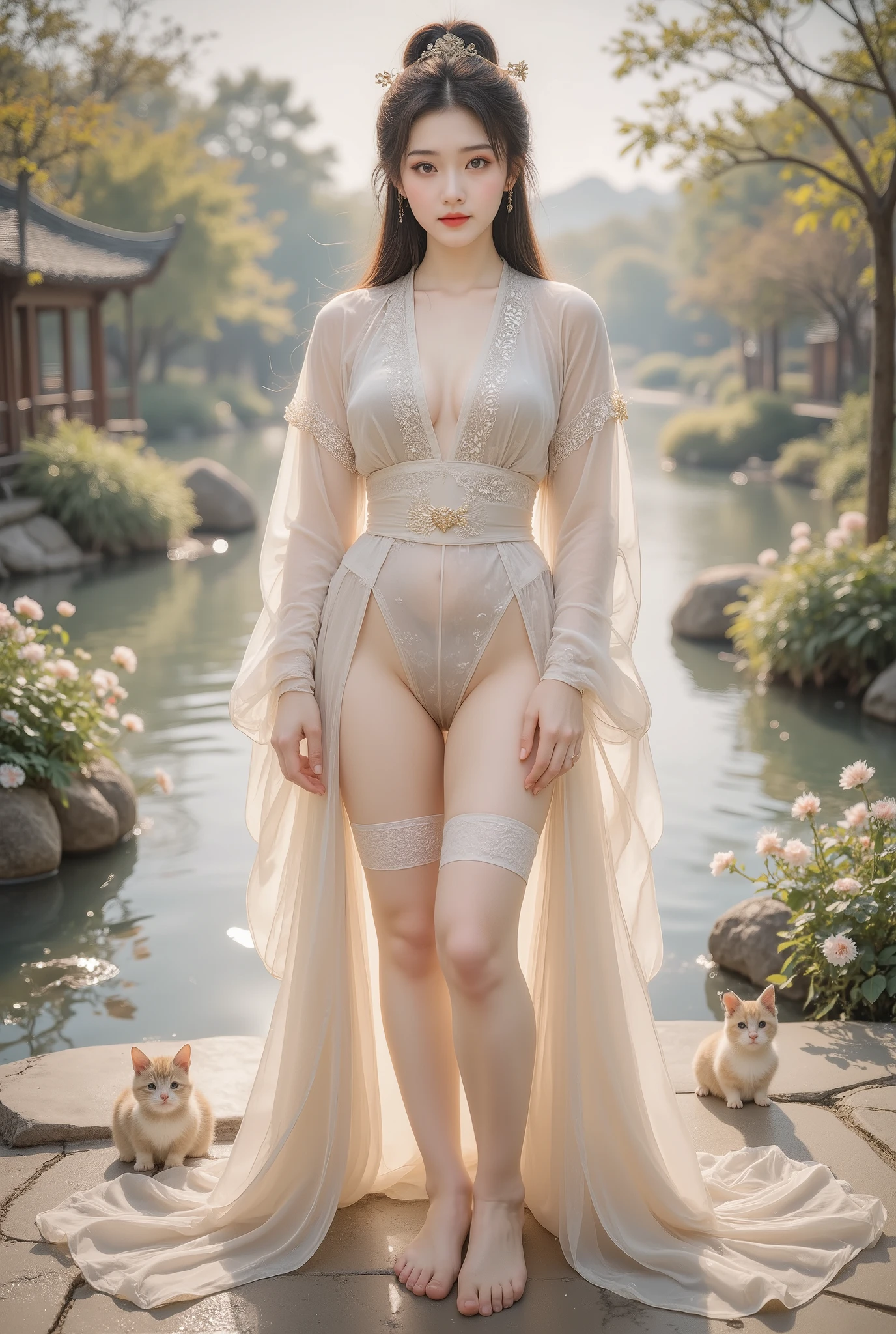 8k, masterpiece, best quality, two-dimensional, (Chinese traditional ink painting:0.2), (perfect hands:1.4), stockings,Wearing hanfu,The stockings on the legs are exposed,River in the background,koyama,Small animals