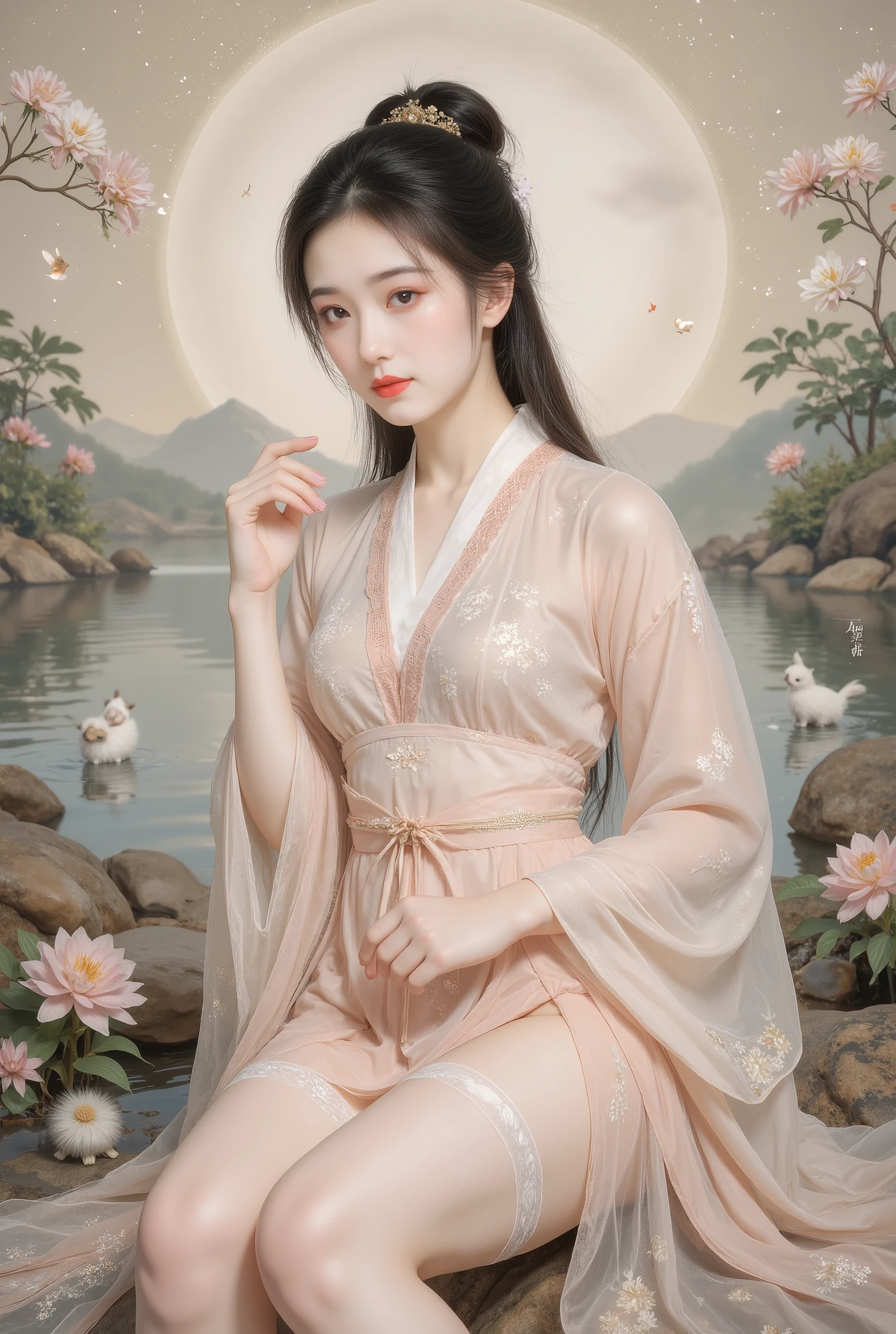 8k, masterpiece, best quality, two-dimensional, (Chinese traditional ink painting:0.2), (perfect hands:1.4), stockings,Wearing hanfu,The stockings on the legs are exposed,River in the background,koyama,Small animals