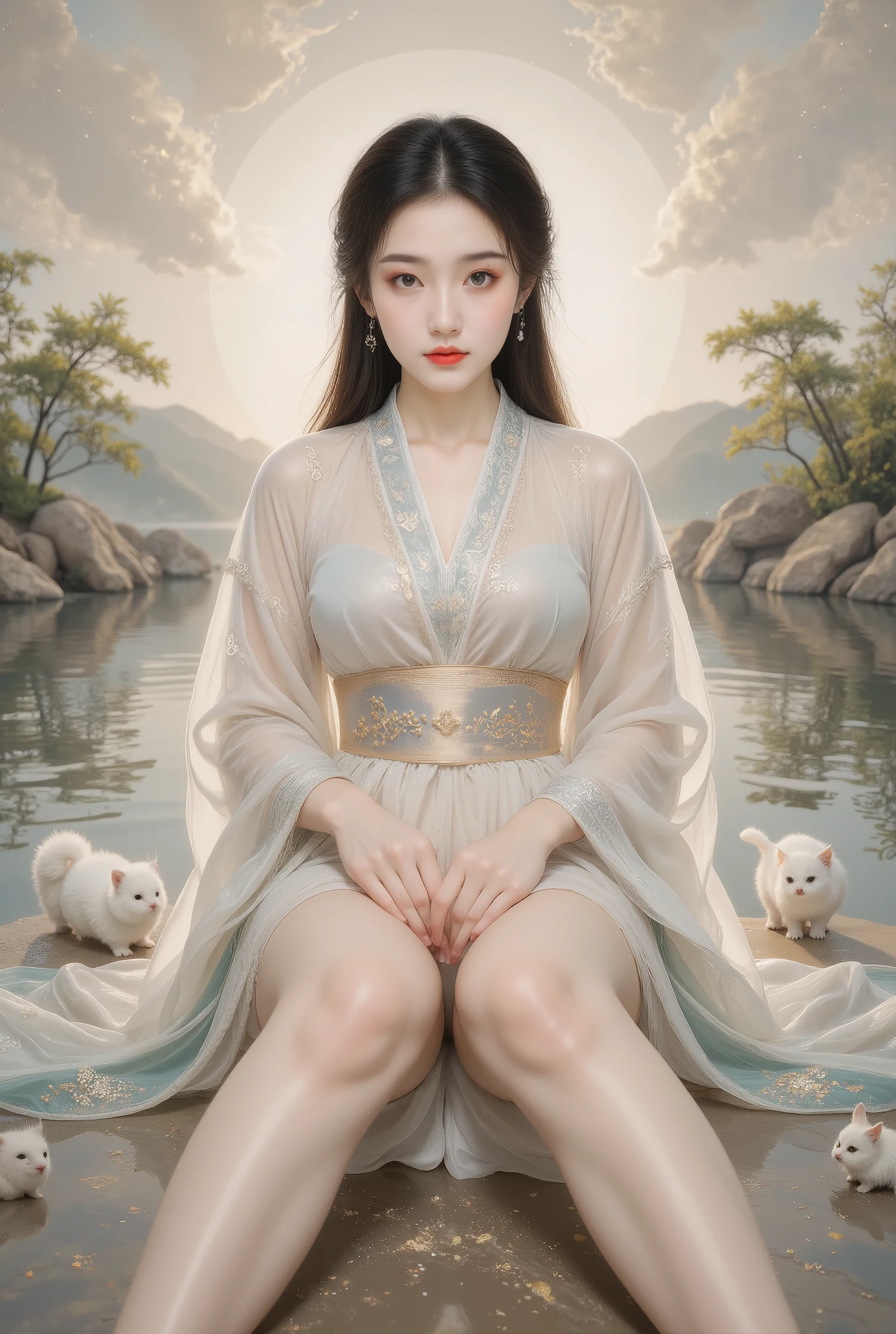 8k, masterpiece, best quality, two-dimensional, (Chinese traditional ink painting:0.2), (perfect hands:1.4), stockings,Wearing hanfu,The stockings on the legs are exposed,River in the background,koyama,Small animals