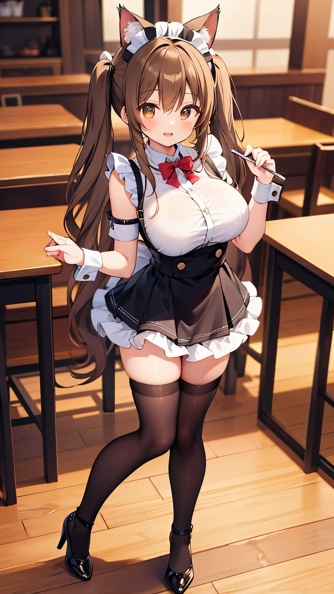 (((masterpiece, Highest quality, High resolution, 超High resolution, Perfect Pixel, Depth of written boundary, 4K, RTTX 10.0))), Beautiful Anime Woman, Beautiful art style, Anime characters, ((Smooth texture, Realistic texture, Anime CG Style)), Exact finger count、Exact number of legs、(Exact number of arms:1.0, Exact number of hands:1.0), (Perfect hands, Perfect ???????), Cinematic, Realistic, Extremely detailed CG, Daytime lighting, Perfect lighting, Best Shadow, The best natural light, whole body, Perfect body, Slender body, ((bangs, Dark reddish brown hair, Stylish and cute ponytail hairstyles), Long Hair), (Detailed face, Cute Face), (A grown woman standing with her own hand lifting up her skirt:1.7), (black and white maid outfit, Maid clothes with ruffles and lace, Knee socks, pumps:1.3)、Angle from the front, ((セクシーでかわいいPurple panties:1.3), (Glossy satin panties, Side-tie panties, Lace panties:1.3), (Purple panties, garter belt:1.3)), (Beautiful big boobs), (Beautiful and thin thighs:1.3), Feeling embarrassed, (blush:1.2), (Very embarrassed look:1.5), (maid Cafe, Tables and chairs, Many male customers in the background, The male customers are chatting:1.4)