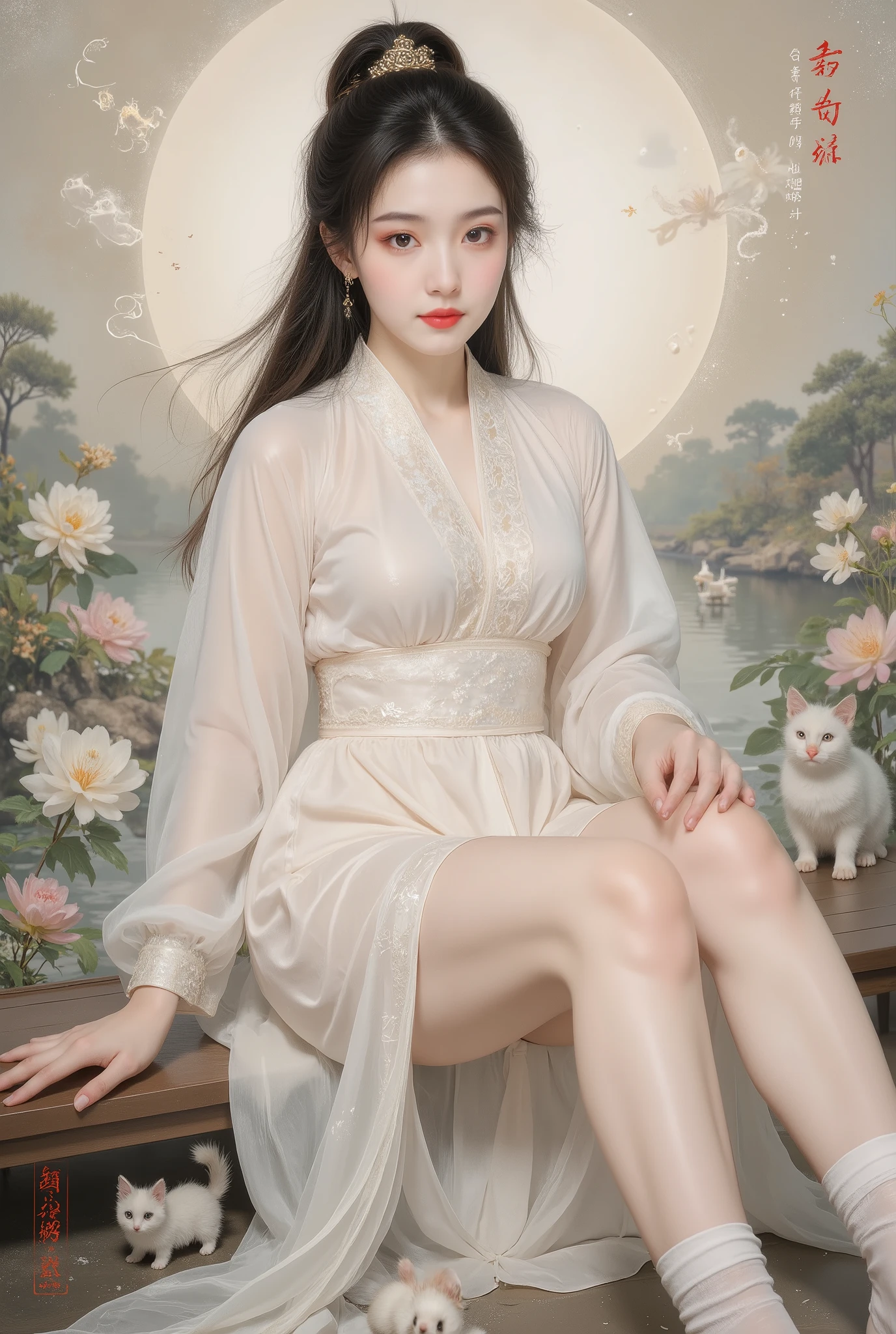 8k, masterpiece, best quality, two-dimensional, (Chinese traditional ink painting:0.2), (perfect hands:1.4), stockings,Wearing hanfu,The stockings on the legs are exposed,River in the background,koyama,Small animals