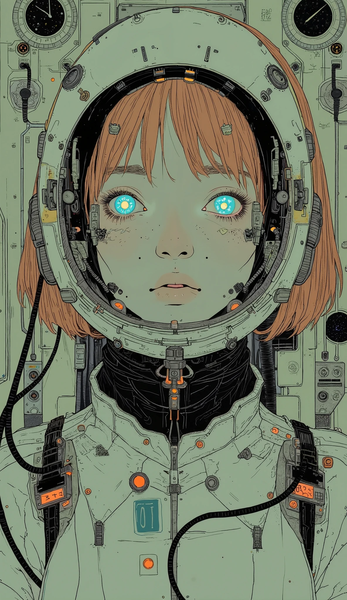 "Futuristic cockpit, radiates noble elegance. Her Eyes, 鮮やかな青色で星型の虹彩は輝いている非常To詳細な, 彼女の顔Toは苦悩の表情が浮かんでいました. She wears a white helmet that covers her face、 The brain is connected to a lot of measurement cords from the helmet、The surrounding mechanical buttons give it a futuristic feel。パイロットスーツの胸元To07と大きく書かれている. そのシーンは淡い緑色の光To包まれています, Emphasizing the girl's captivating presence. The pale orange lighting creates depth 、全体To神秘的な輝きを加えています. This piece is of the highest quality, To、非常To詳細な特徴と、With a photorealistic style that brings the girl and her surroundings to life、Adds a mysterious atmosphere。."