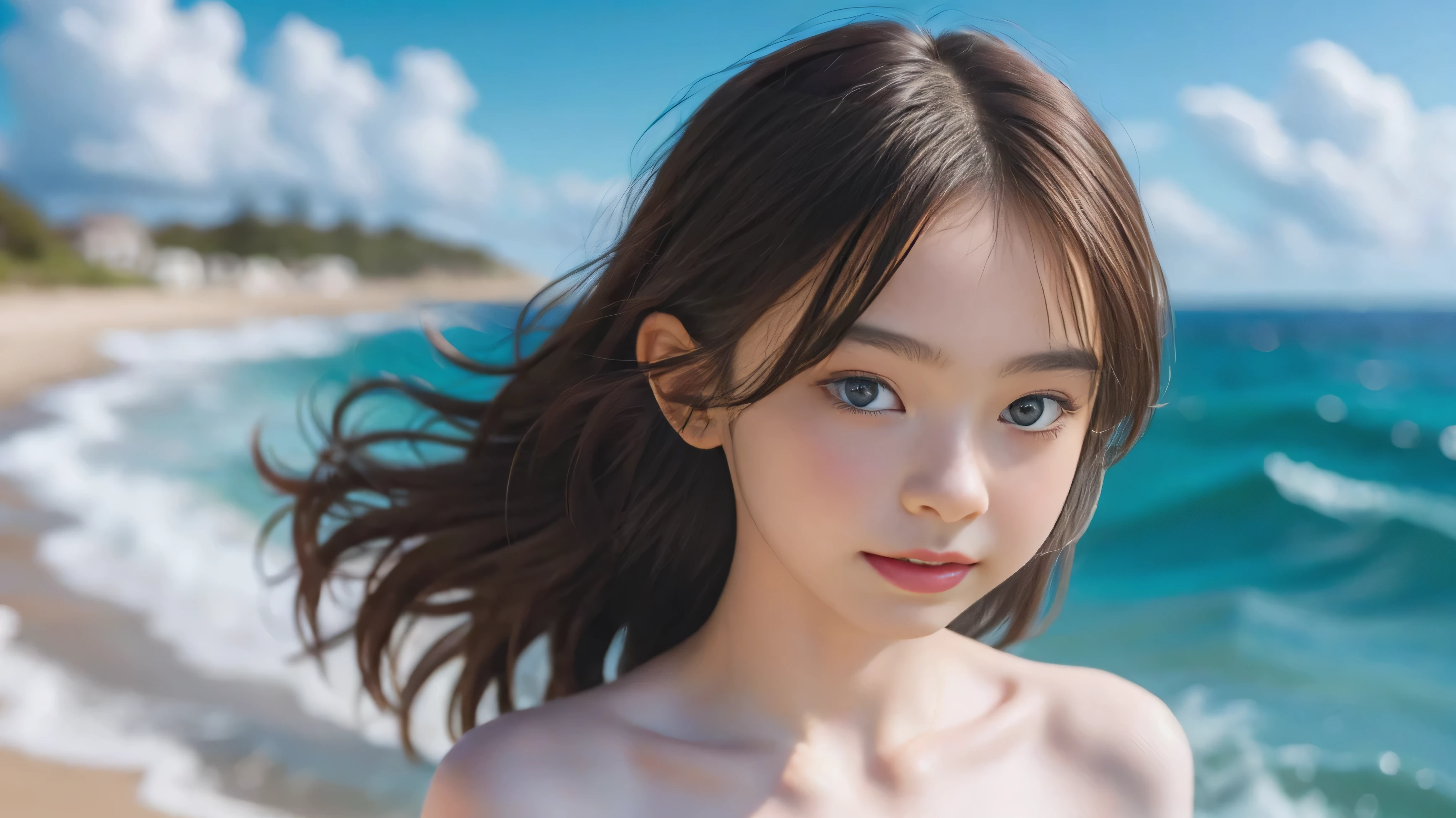 Emma Myers, whole body,  best quality , 1 girl, alone,  bright brown hair ,   (simple ocean ),   Watch viewers, Intense Perspectives , Playing with the camera, Open your mouth a little and smile,  watch 、 standing、Walk、（nsfw,navel,naked）、Medium breasts 、 hair that flutters in the wind、