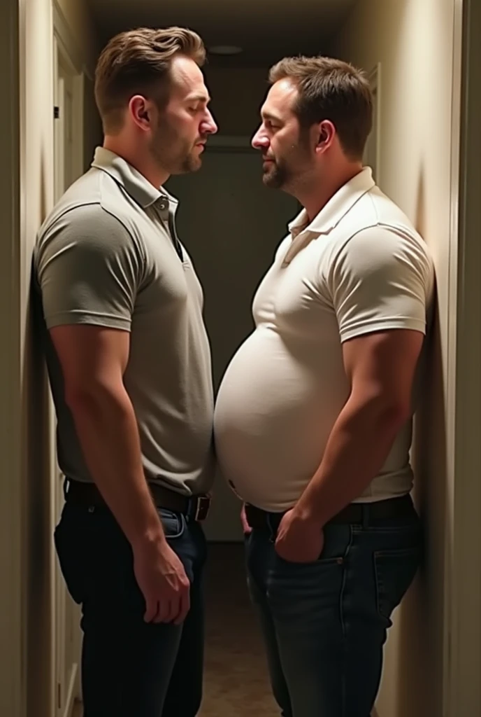 gay man , massive ass , huge penis , wearing underwear thread , muscular , big , very voluminous pectorals , shy face,passive , wants to be penetrated , another man, rests his massive bulge on the first one's butt