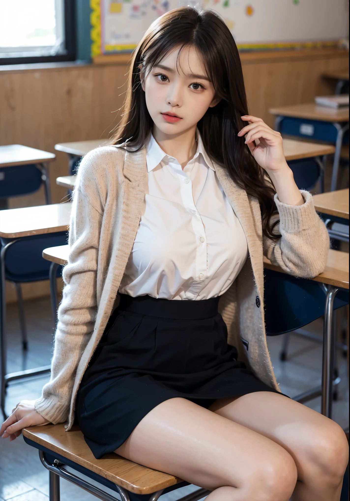 top-quality、hight resolution、ighly detailed、masterpiece、Raw photo、realisitic、Photorealsitic、Very delicate and beautiful.、delicate detail、Textured skin、1girll、Solo、Soio、18-year-old Japanese girl、cut, She is , sui ishida with black hair, lain iwakura, girl cute-fine-face, Clear pubic contours,(Small breasts)Wearing a high school uniform、crass room、Lifting the skirt、(Body facing the camera:1.3)、(Sit on a school chair with your legs spread out to the side.......:1.2)、(Show me your white panties:1.2)、Dark blue jacket and plaid skirt、whiteshirt、tie、The black loafer face is really beautiful.:1.5)、tall、Brown hair、(Bare legs:1.1)、perfectly proportions、(Do not expose your upper body)、(In SFW)
