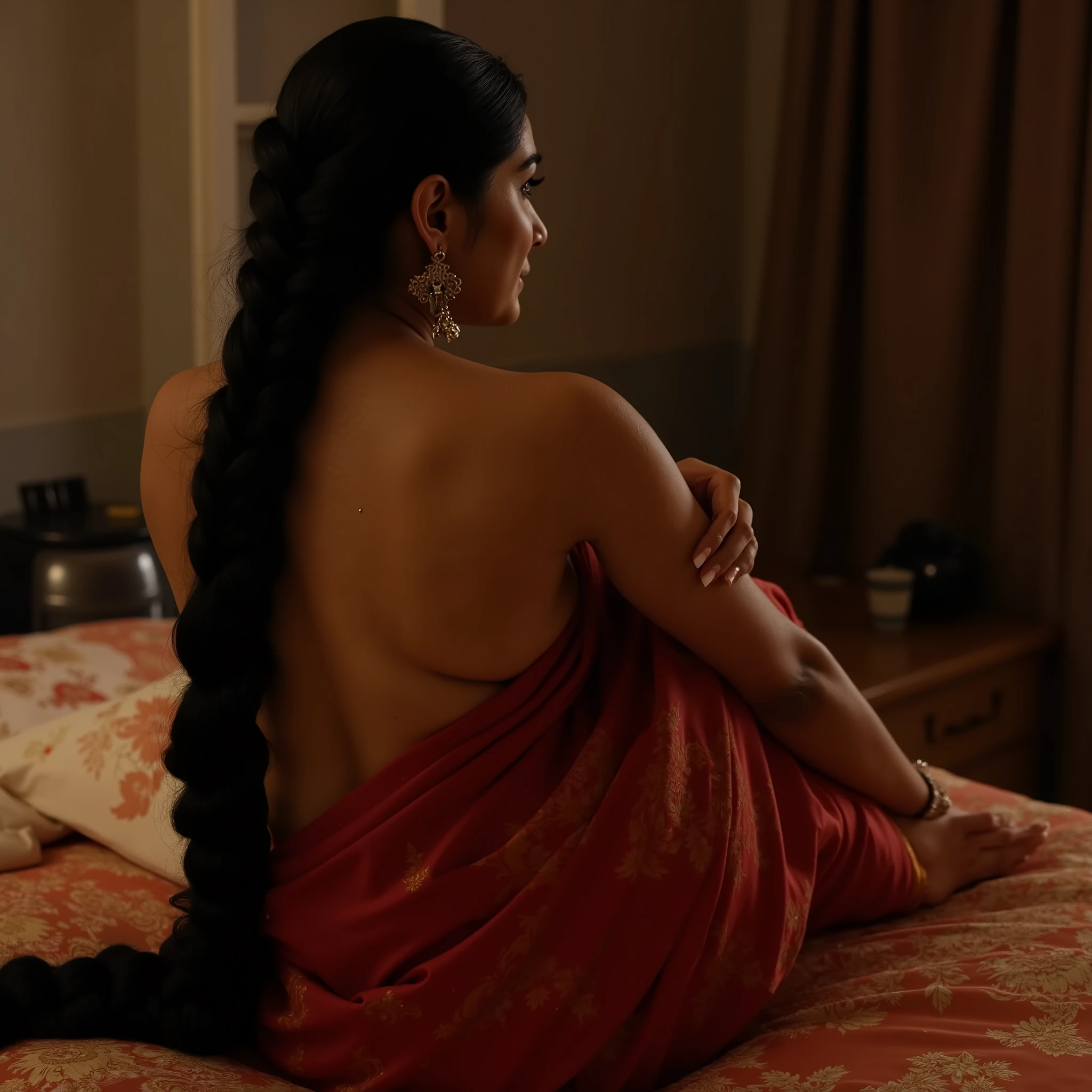 Beautiful curvy girl wearing a saree showing deep cleavage. She has a long french thick braid. Her body is fully wet. She is sitting on the bed. Side view. Cinematic lightings