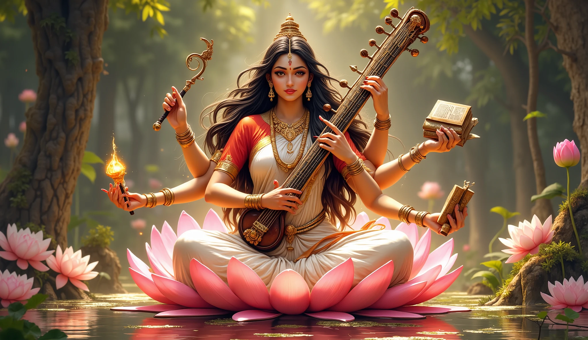 (Hyper detailed, extremely detailed, highest resolution, highest mega pixel, perfect photography, cinematic shot, perfect lighting, perfect pose, beautiful woman as goddess saraswati, portrait of Goddess Saraswati ((((light cream-pinkish saree red blouse, black hair, fair skin tone))) sitting on a pink+yellow lotus in a beautiful pond, playing a sitar (((Sitar))) ((perfect Sitar)) ,4 hands, holding lotus and in another hand holding manuscripts, (((4 hands))), aesthetic look, aesthetic dressings, hyper Detailed fingers and hands, hyper detailed faces, add all attributes related to Goddess Saraswati, perfect illustration, ((perfectly drawn sitar))), perfect number of hands and fingers, professional photography, photo taken with Sony 85 mm lens, f/1.2, in-frame, not out of frame, not cropped, hyper detailed skin, smooth skin texture, hyper detailed, 32k