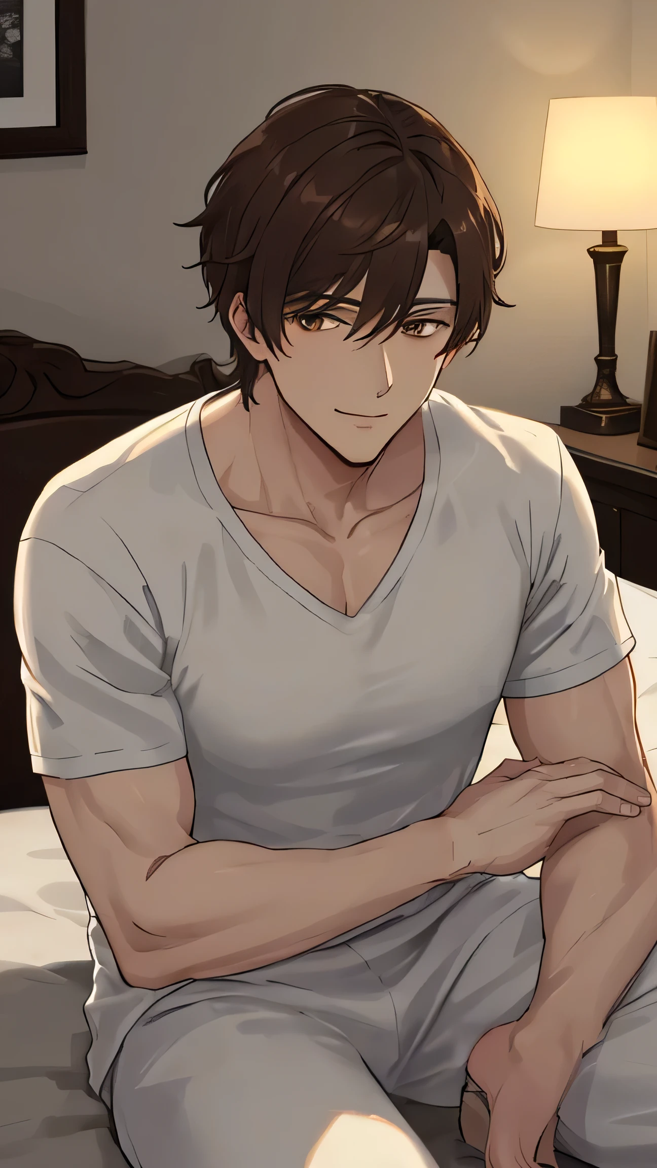 1boys, male people, , musculous, Short brunette hair, Brown eyes, suntanned skin, 校服, Cardigan, avas, unbuttoned pants, Showing biceps with one hand, A satisfied smile, sexy for, Lie down in bed