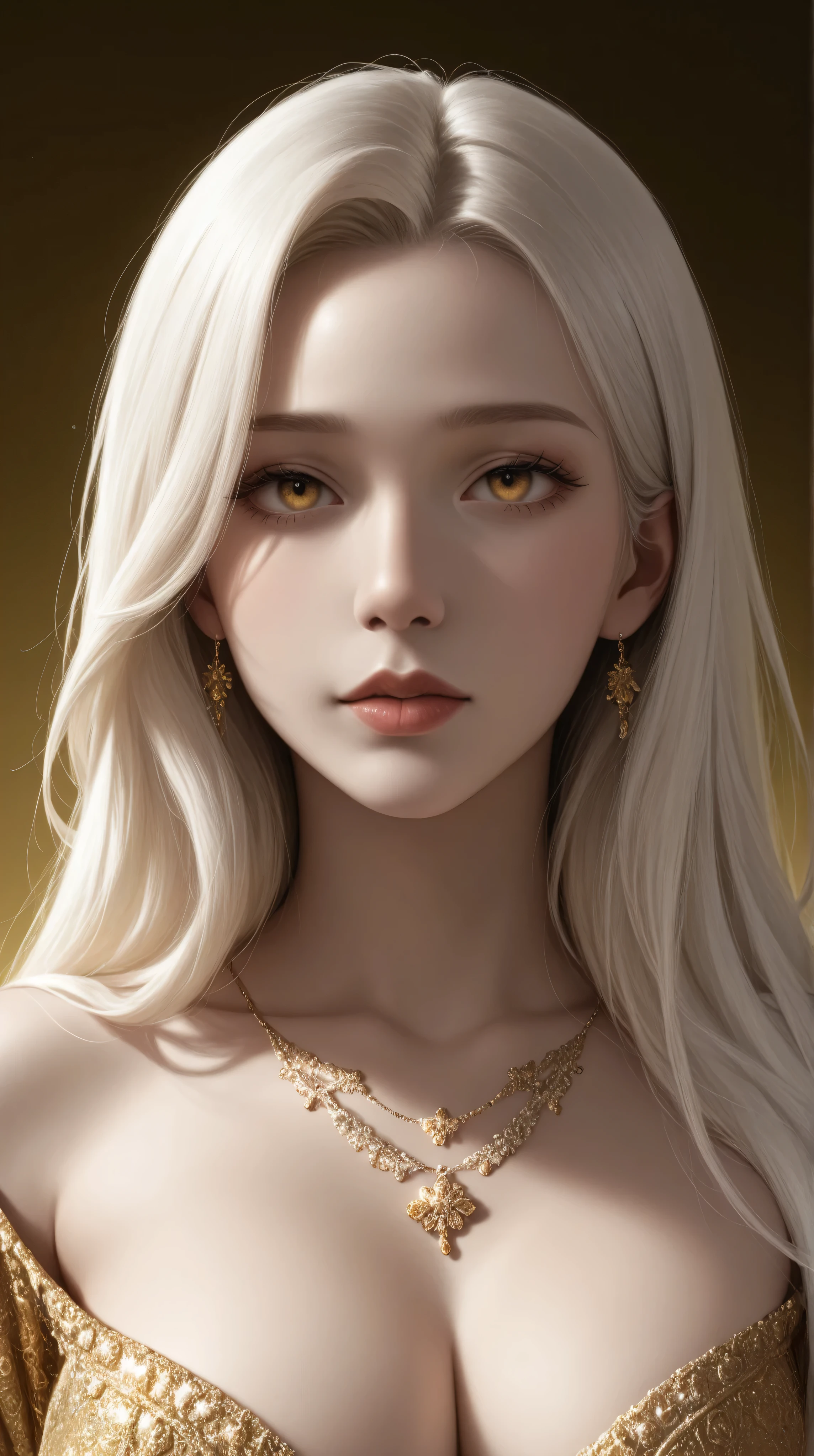 Yellow Background, Beautiful white-haired Russian woman with gold eyes,
