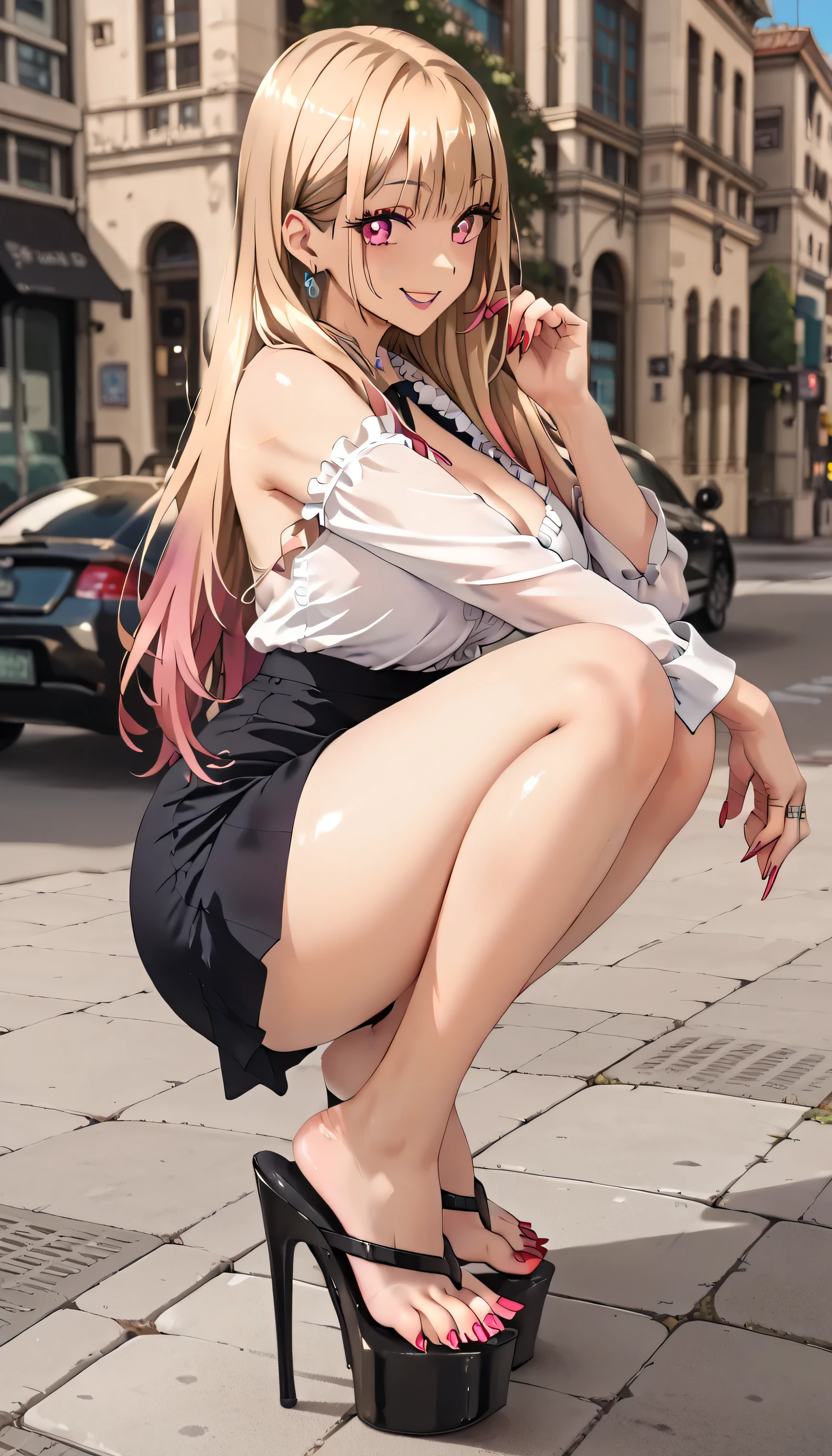 ((( 4k image)))1 woman, full body, in public square, hot nurse, silver hair, wearing white apron with pink details, open apron, squatting with legs open without panties showing her pussy (ultra realistic), without a bra showing her breasts, showing her pussy, little pubic hair, pink pubic hair, slightly pink white skin, beautiful lips, perfect mouth, pink eyes, wearing red sandals, perfect little feet, pink painted nails, holding a clipboard in one hand (long pink nails), holding a syringe in the other hand, orgasm face, clear liquid running down her pussy.