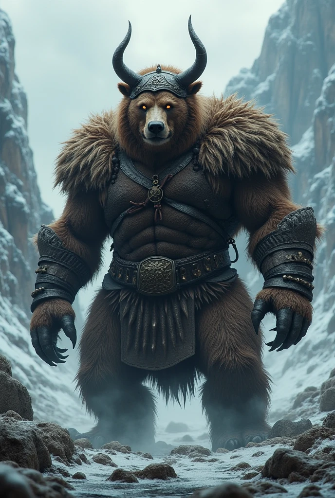 (absurdres, masterpiece, best high quality image epic artwork, high fantasy genre, carefully detailed image, carefully detailed textures, animalistic characters, fantasy animal artwork, anthropomorphic, real animal features, solo animal character, full anthro animal body view)
{{(1anthropomorphic-animal: 60 years old male brown fur Grizzly Bear shaman:) ((big rounded bear head, green bear eyes, black nose, rounded bear ears, bear neck, bear open mouth with sharp teeth and sharp fangs), (Hulking grizzly bear body, grizzly bear arms, grizzly bear hands with five fingers and grey sharp claws), (muscular grizzly bear legs, grizzly bear feet, five grizzly bear fingers with grey sharp claws)), ((bulky silver shoulder plates, black spikes around shoulder plates, silver cuirass, silver hip armor, silver celtic belt), (long brown wooden scepter with black spikes)), (serious grizzly bear face, imponent grizzly bear warrior pose, grizzly bear calmed demeanor, passive aggressive demeanor), (ancient germanic tribe styled village, green grass, wooden tents, morning sky, sun rising in the sky))}}