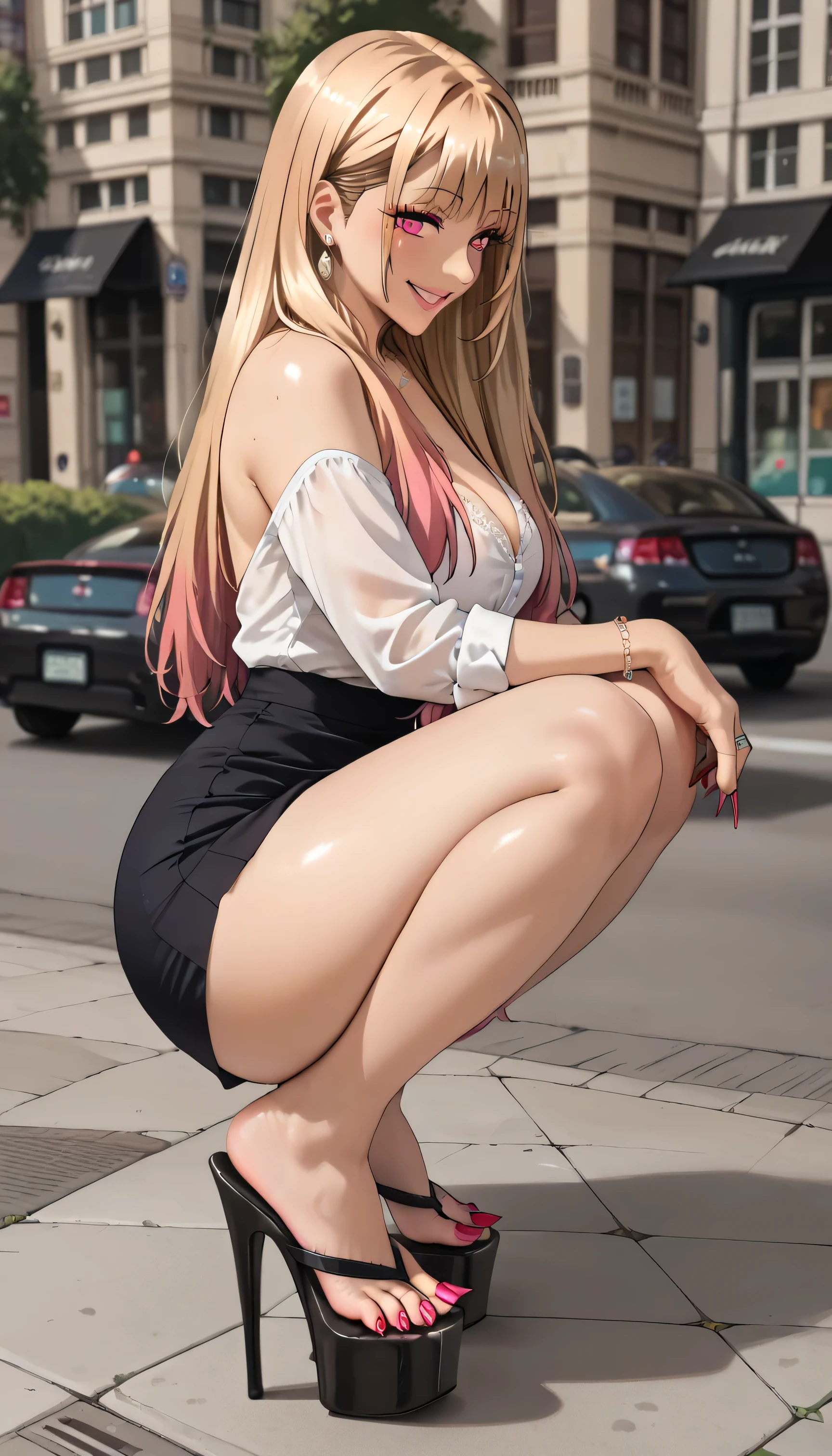 ((masterpiece, high resolution, better quality, better details)), ((Marin Kitagawa)), ((Smiling)), a woman in squat, urban park landscape, black mini skirt, white blouse with long sleeves, ((big neckline)), ((platform high heels pumps)), pink eyes with black outline, (light blonde hair, straight hair, straight bangs, long hair)), long nails, pink nails, ((big breasts, wide hips, big thighs)), shiny skin, ((side view)), solo, bare shoulders, full body, focus full body,high heels,