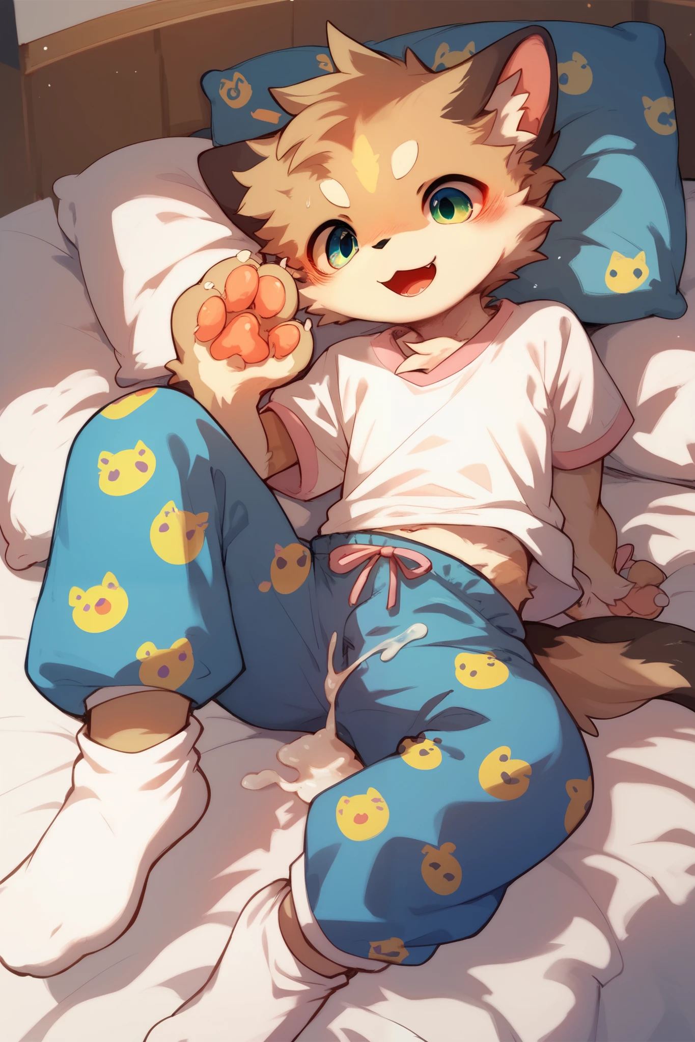 emer one ld {x} furry, a cute cat boy, slim figure , cute pajamas, Blue Shorts , white socks, semen, semen浸湿大腿, HD, sunshine