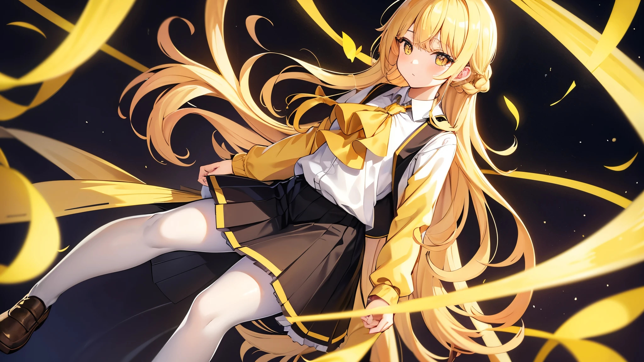 Guild Girl, long hair, blond hair, Yellow-eyed braids, One Braid, skirt, shirt, Long Sleeve, white shirt, pantyhose, black skirt, vest, long skirt, yellow ribbon, ascot , yellow ascot ,,、 full body view、 Pleasant Face、、ren's Underwear、 disheveled clothes、perfect body、 low angle、 underwear can be seen through the gap between the crotches 、 angle from below