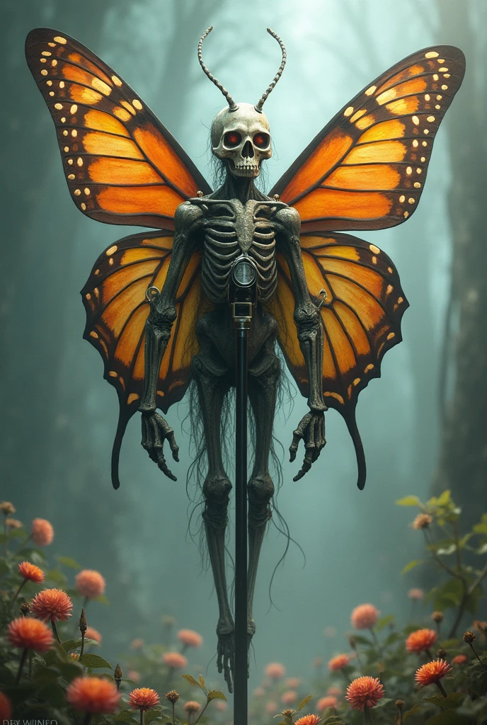 pink and lilac fire butterfly flying over a floating skeleton in front and pink fire below