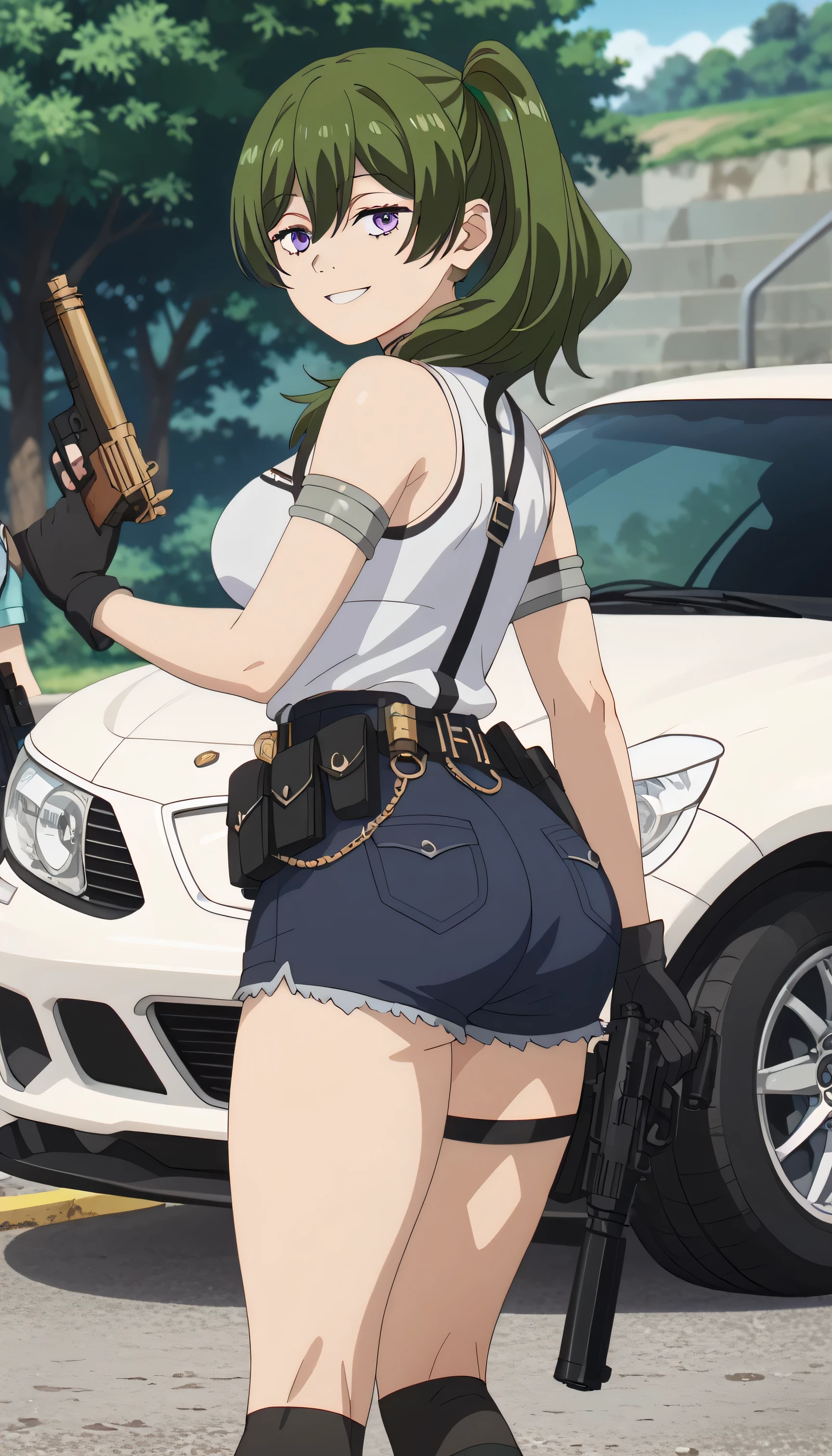 ultra-detailed,16K,(best quality),((masterpiece)),(highres),original,extremely, 1girl, solo, ubel, medium hair, hair between eyes, green hair, side ponytail, purple eyes, medium breasts, anime screencap, wearing police uniform, wearing bootyshorts, black gloves, tactical belt, black thighhighs, boots, busty body, large breasts and a beautiful ass, big ass, gun, holding gun, (view from behind), showcasing cleavage, legs, hips, looking at viewer, smile, detailed body, police car background