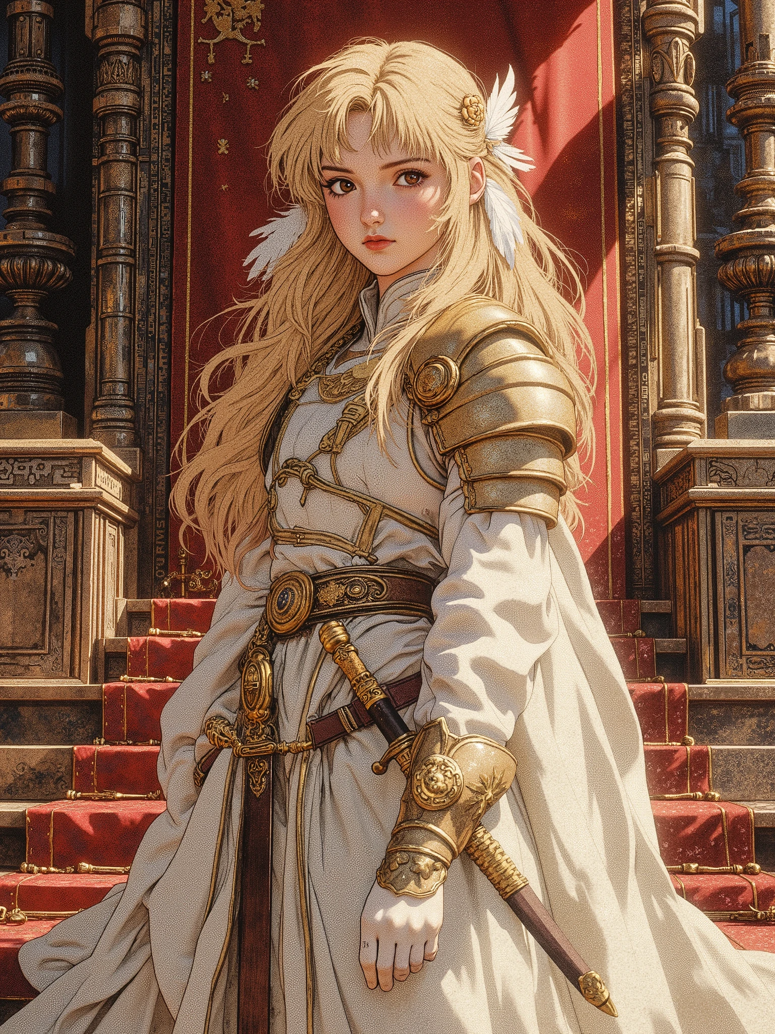 A girl , , with small tits, with blond long hair and brown eyes, with two white feathers in his hair behind his ears and a hair clip in the form of a golden lotus flower, in a delicate white dress with elements of armor and a sword on his belt, he stands in the large throne room