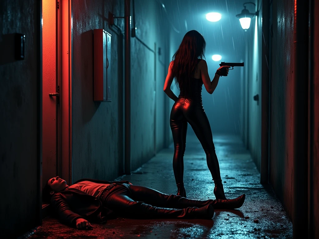 young asia girl, topless, skinny, black hair, full body, black leather jacket, black leather low rise pants, black leather belt, black leather overknee boots, black leather gloves, shoots with gun, face mask, street by night , two police officers dead on street, police car in background