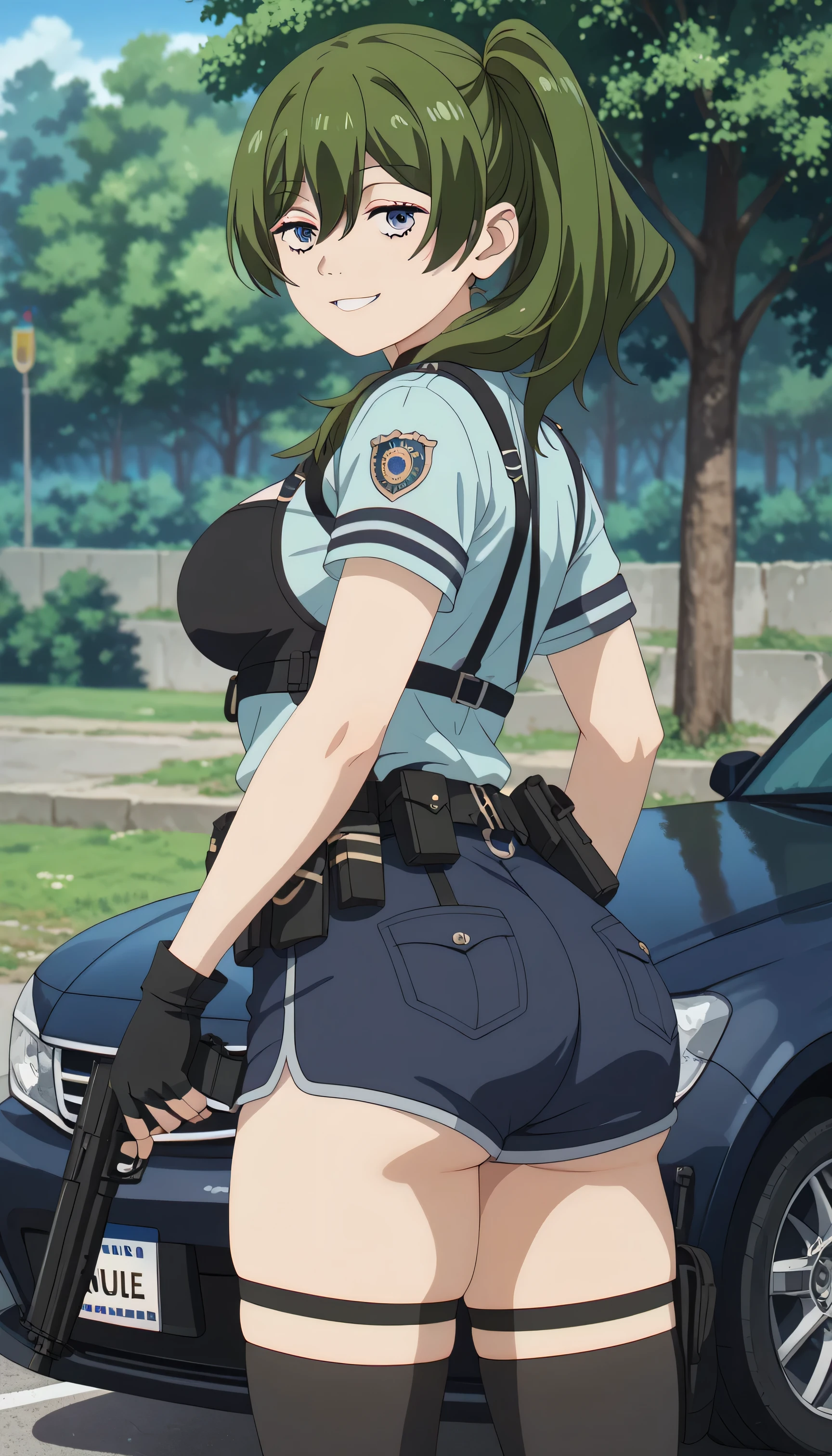 ultra-detailed,16K,(best quality),((masterpiece)),(highres),original,extremely, 1girl, solo, ubel, medium hair, hair between eyes, green hair, side ponytail, purple eyes, medium breasts, wearing police uniform, wearing bootyshorts, black gloves, tactical belt, black thighhighs, boots, busty body, large breasts and a beautiful ass, big ass, gun, holding gun, (view from behind), showcasing cleavage, legs, hips, looking at viewer, smile, detailed body, police car background