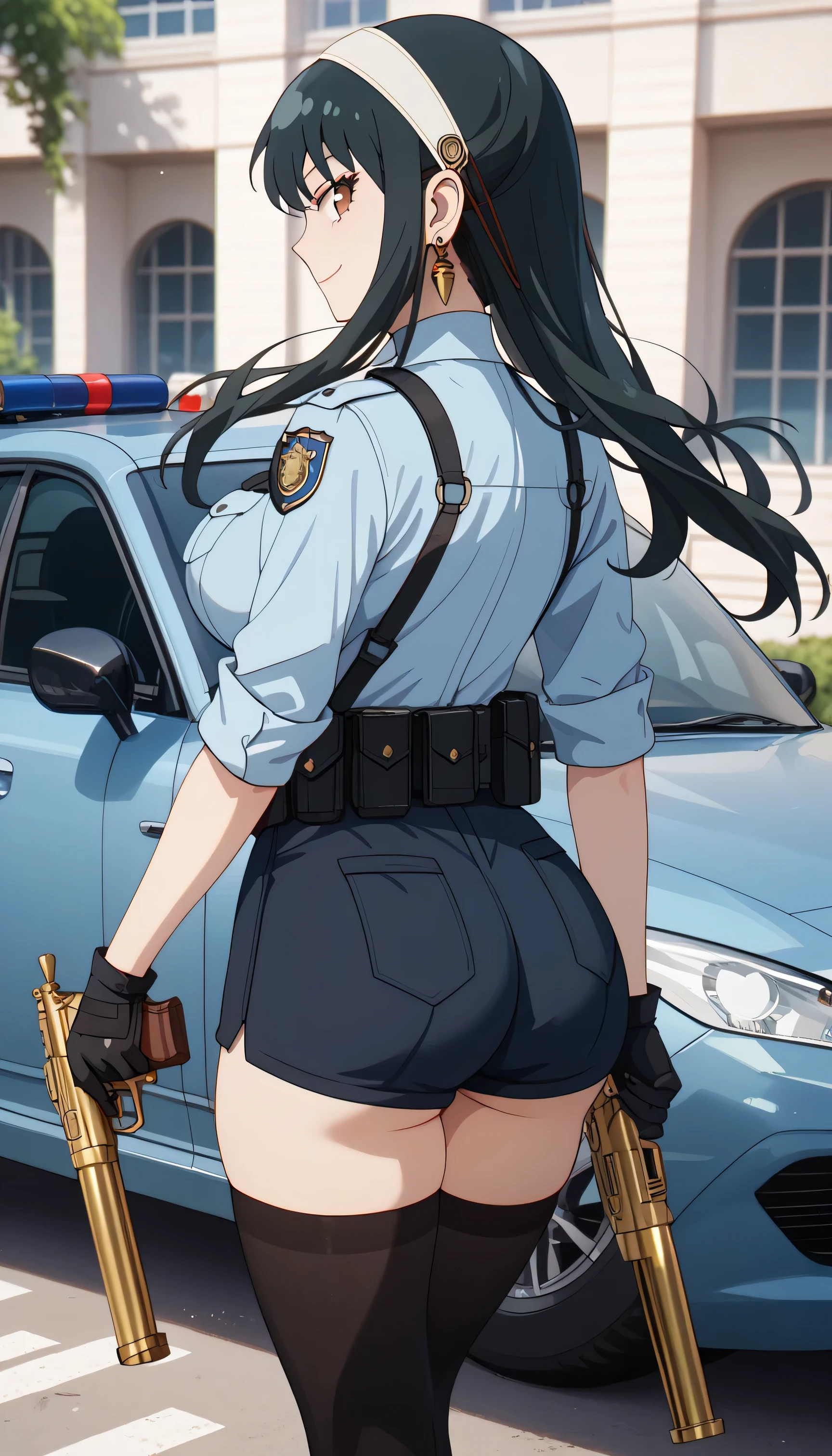 ultra-detailed,16K,(best quality),((masterpiece)),(highres),original,extremely, 1girl, solo, yor briar, black hair, red eyes, earrings, white hairband, hairband, long hair, sidelocks, wearing police uniform, wearing bootyshorts, black gloves, tactical belt, black thighhighs, boots, busty body, large breasts and a beautiful ass, big ass, gun, holding gun, (view from behind), showcasing cleavage, legs, hips, looking at viewer, smile, detailed body, police car background