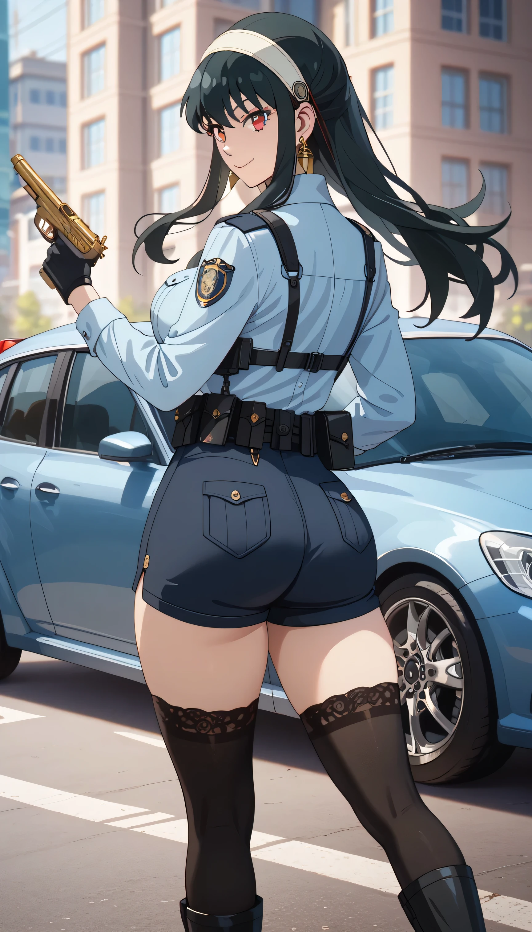 ultra-detailed,16K,(best quality),((masterpiece)),(highres),original,extremely, 1girl, solo, yor briar, black hair, red eyes, earrings, white hairband, hairband, long hair, sidelocks, wearing police uniform, wearing bootyshorts, black gloves, tactical belt, black thighhighs, boots, busty body, large breasts and a beautiful ass, big ass, gun, holding gun, (view from behind), showcasing cleavage, legs, hips, looking at viewer, smile, detailed body, police car background