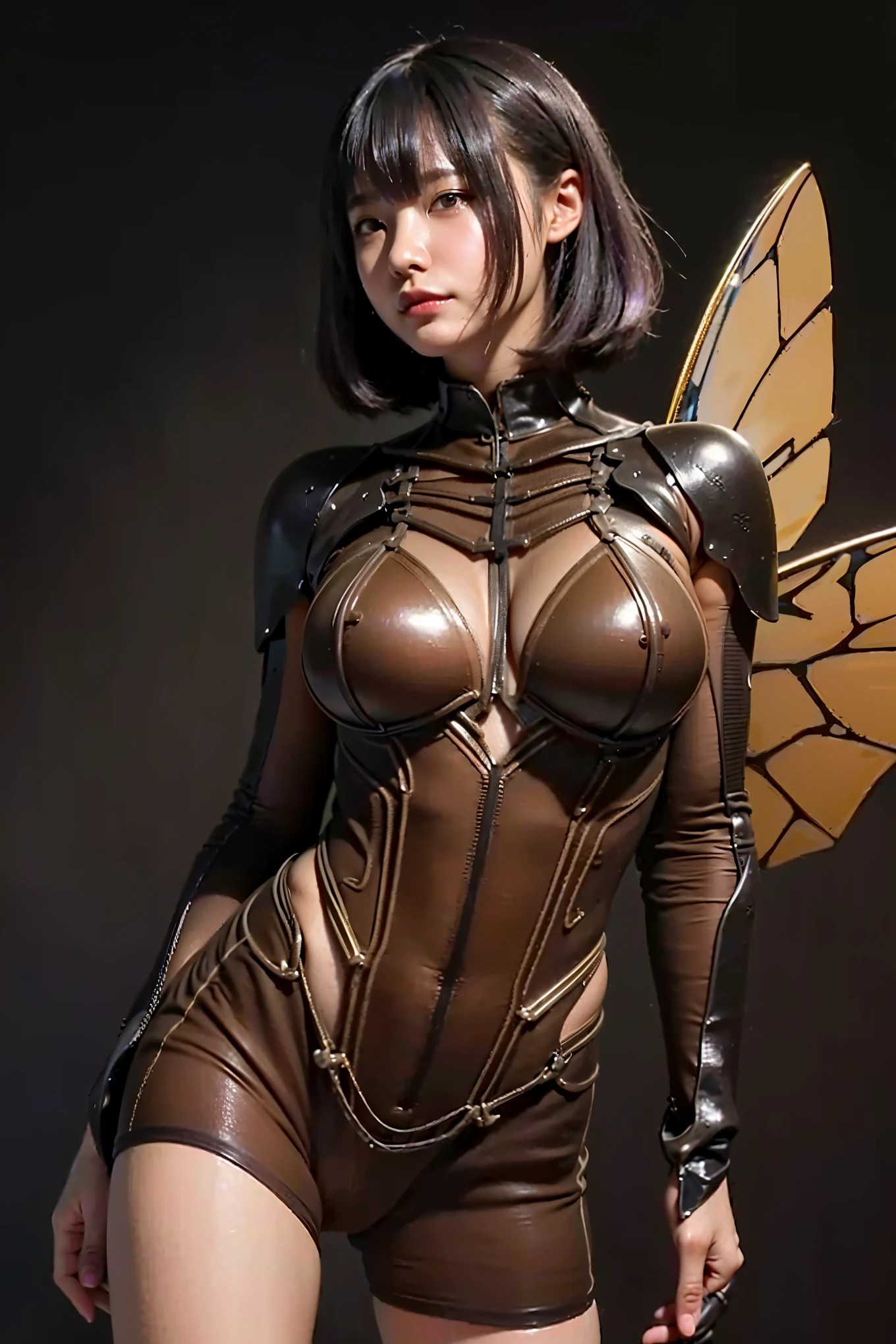 perfect human girl body, firm breasts, big breasts with
Wasp Elements:
"At:
Two transparent membranous wings that extend from the shoulder blades, similar to those of a wasp. The wings are black with bright yellow stripes.
Antennas:
Two long, thin antennae extending from the forehead, similar to those of a wasp. The antennae are black with yellow tips."
Ant elements:"Legs:
Six strong, muscular legs, similar to those of an ant. The legs are black with yellow joints.
Jaws:
Strong and sharp jaws, similar to those of an ant. The jaws are black.
Antennas:
Two short, thick antennae extending from the mandibles, similar to those of an ant. The antennae are black with yellow tips.